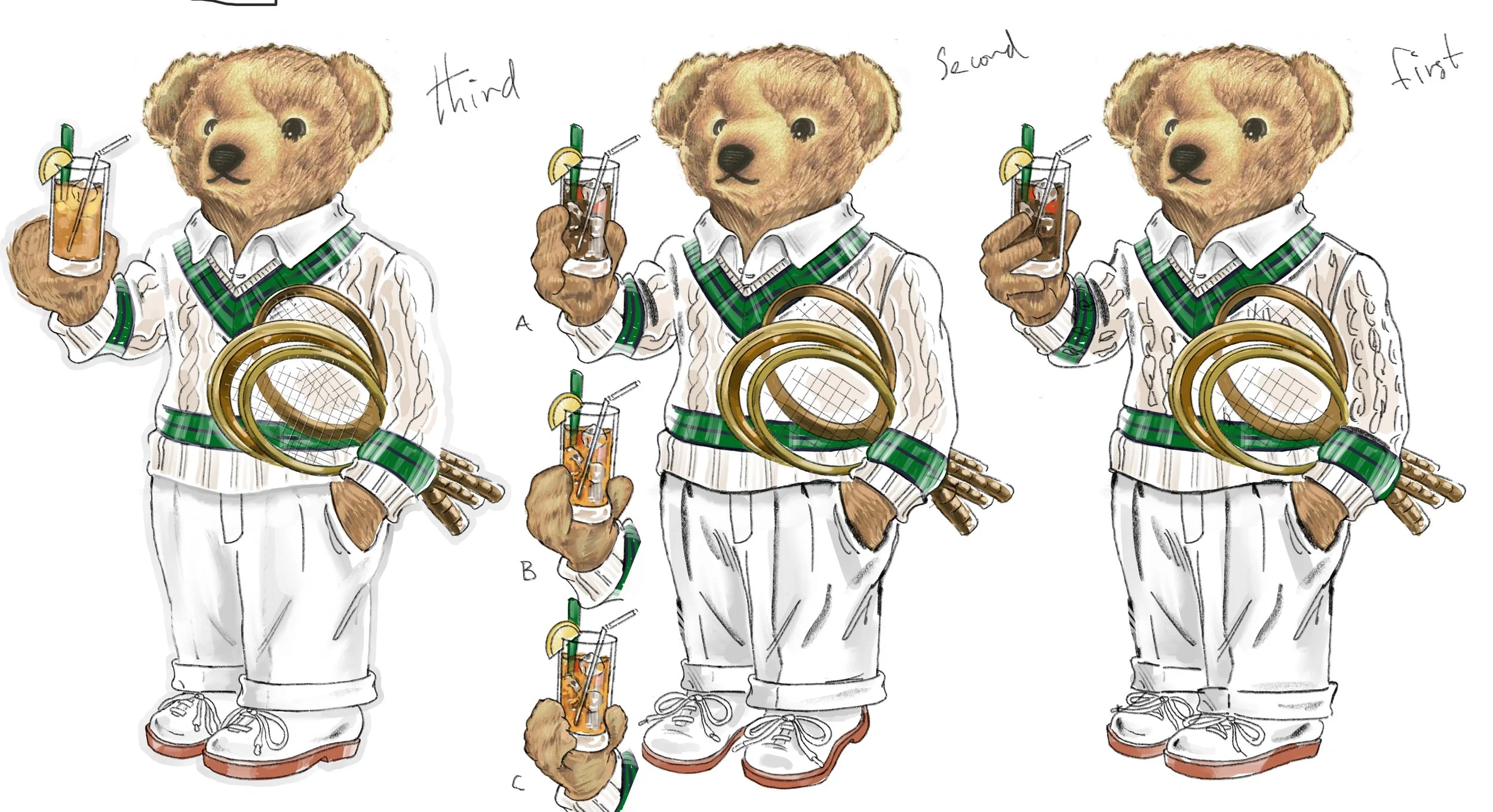  Concept development (from R to L).  Lots of discussion around what his paw should look like. 