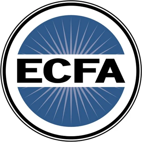 Logo featuring the letters "ECFA" in bold black font over a blue circular background with white radial lines, bordered by black and white rings.