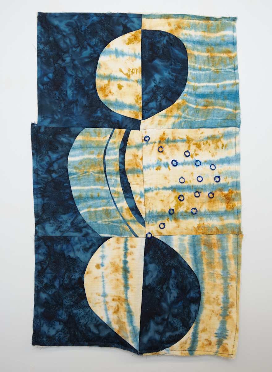 Maya's Galaxy, 2025
16.5 x 16.5 inches 
fabric, natural dye fabric, canvas, cotton batting, thread, recycled glass beads
