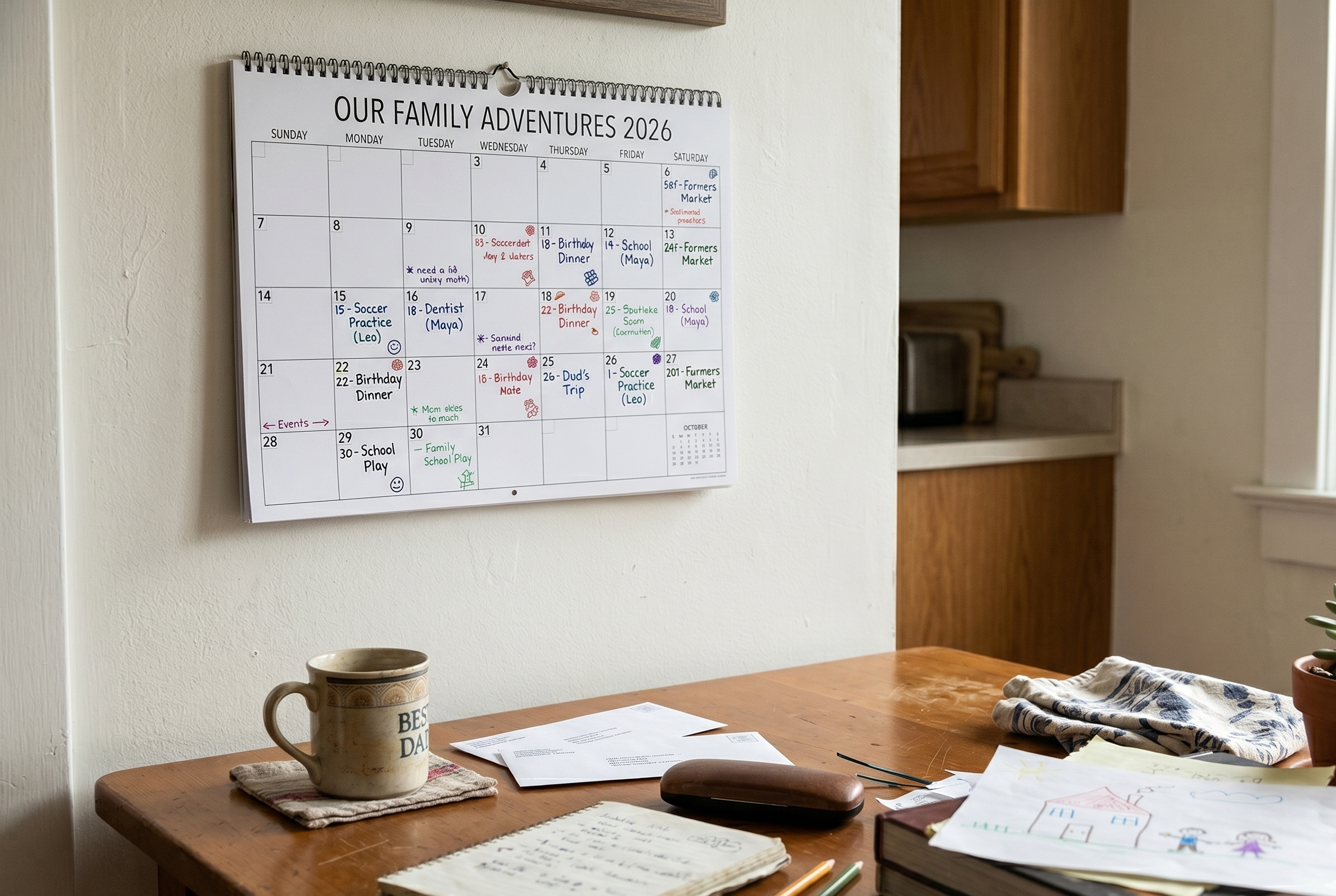 A quiet, observational shot. The family calendar, a corner of the kitchen table.