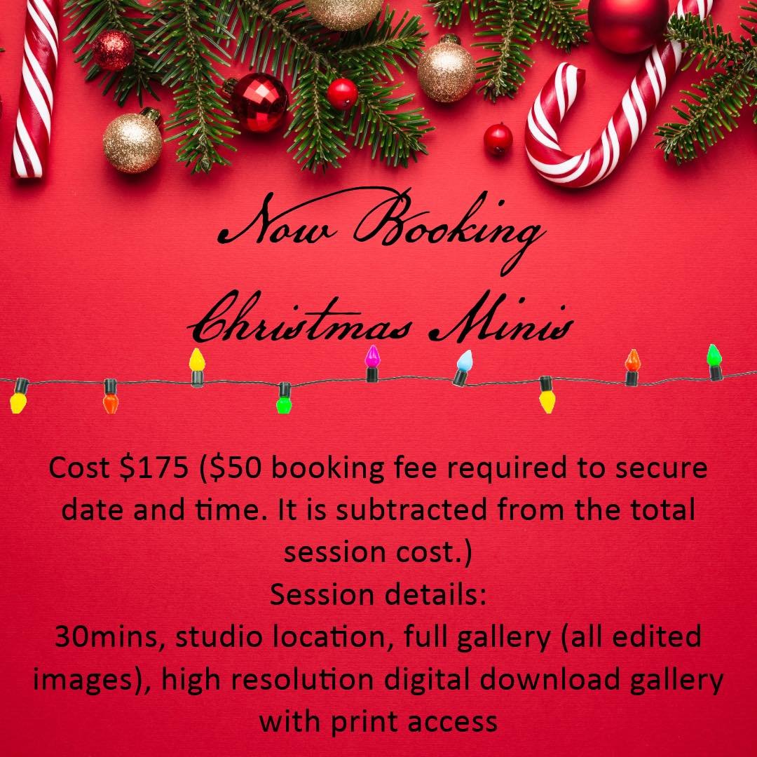 Now Booking Christmas Minis 🎄 

Cost $175 ($50 booking fee required to secure date and time. It is subtracted from the total session cost.

Session details:

30mins, studio location, full gallery (all edited images), high resolution digital download