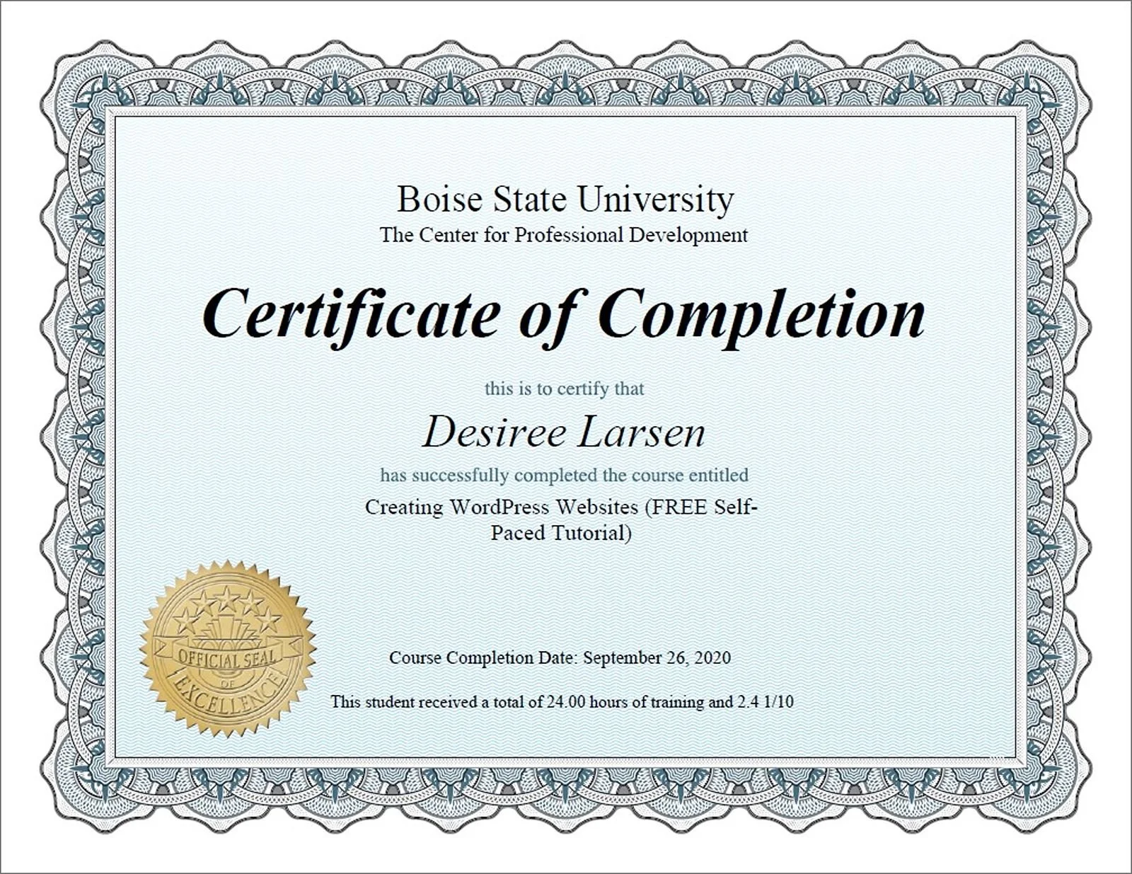 wordpress certificate earned photographer in boise id