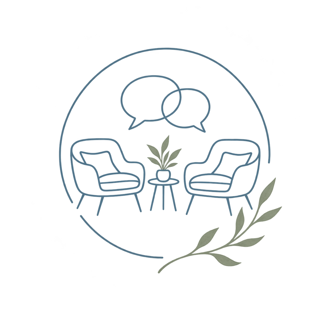Neon-style illustration of two people with speech bubbles sitting in chairs with a coffee table and a plant between them, surrounded by a circular border with a laurel branch at the bottom.
