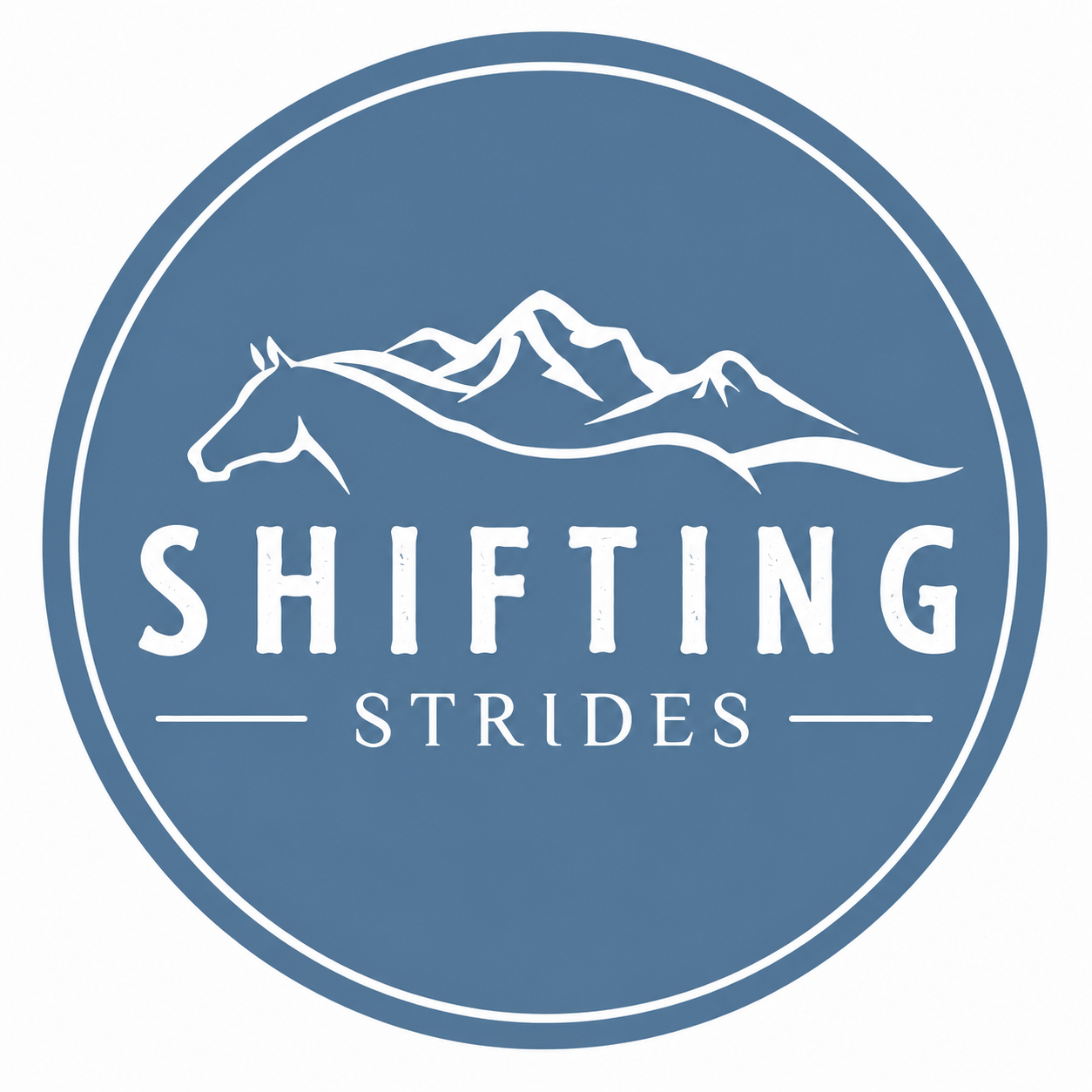 Blue circular logo with a mountain and a horse's head outline, words 'Shifting Strides' in the center, and two horizontal lines with 'Strides' written below.