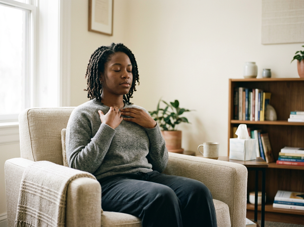 A woman sitting in a beige armchair with her eyes closed, holding her chest with both hands in a cozy living room.