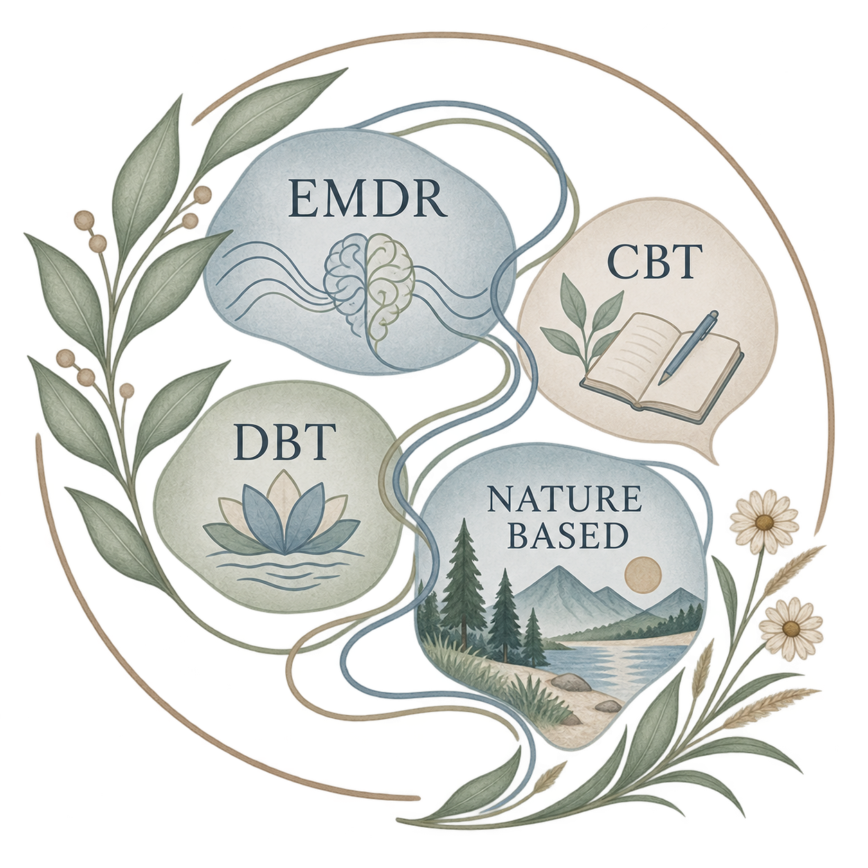 Diagram showing mental health approaches with interconnected icons: EMDR therapy with a brain, CBT with a book and pen, DBT with a lotus flower, and Nature-Based therapy with mountains, trees, and a river, surrounded by leaves and flowers.