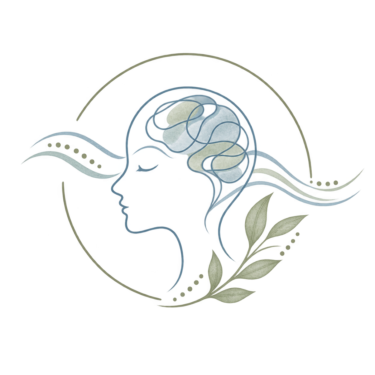 A diagram illustrating the connection between mental health, brain function, and nature, featuring a human profile, a brain, a river, and leaves.