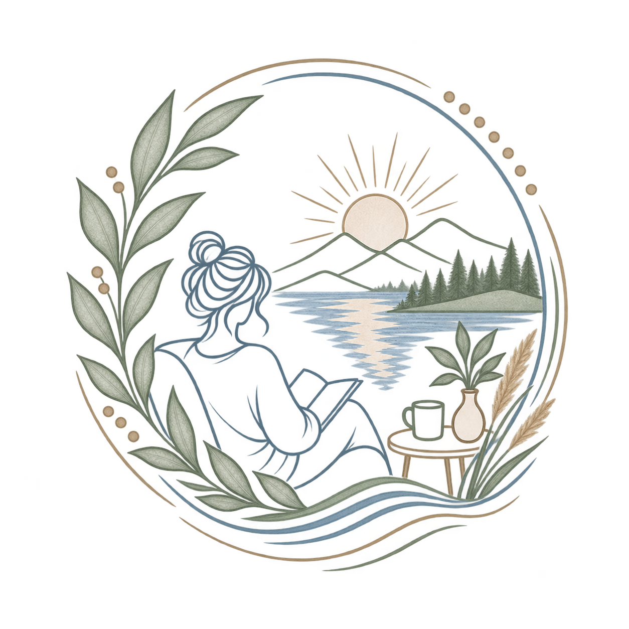 A circular emblem featuring a person sitting outdoors with a scenic landscape including mountains, trees, a river, and a setting or rising sun. The person appears to be meditating or relaxing, with a table holding a mug and a vase with leaves and wheat stalks. The emblem is decorated with leaves and a laurel wreath.