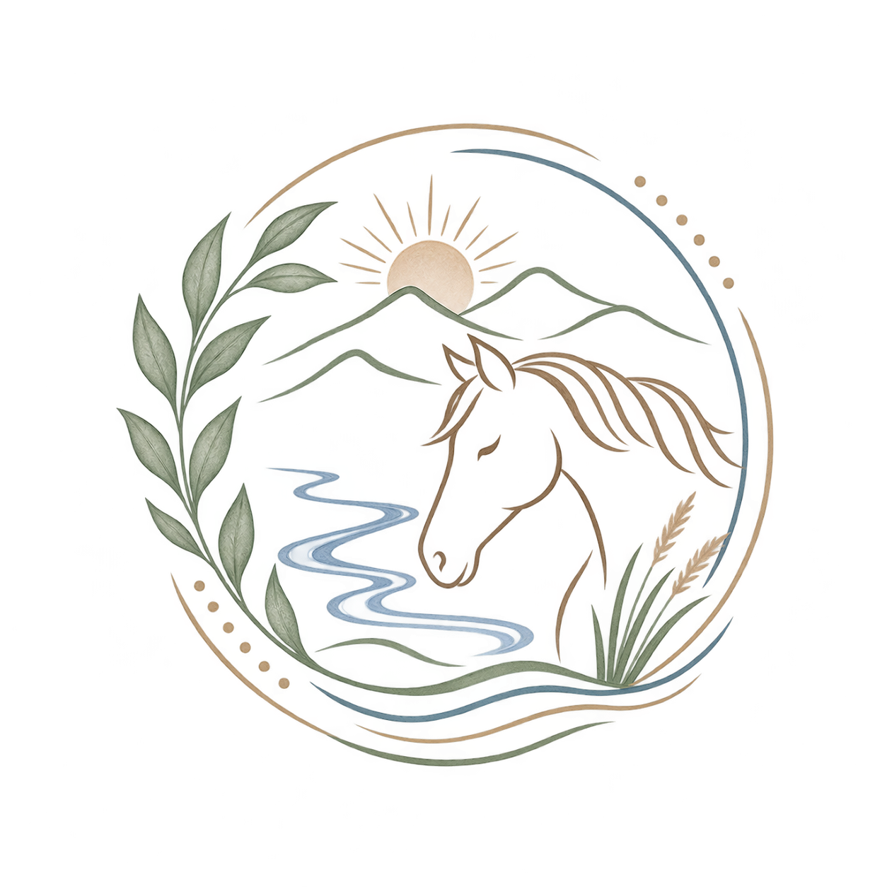 Emblem featuring a horse's head in profile with a flowing red mane, set against a background of mountains, a river, a yellow sun, and green foliage, all within a circular border.