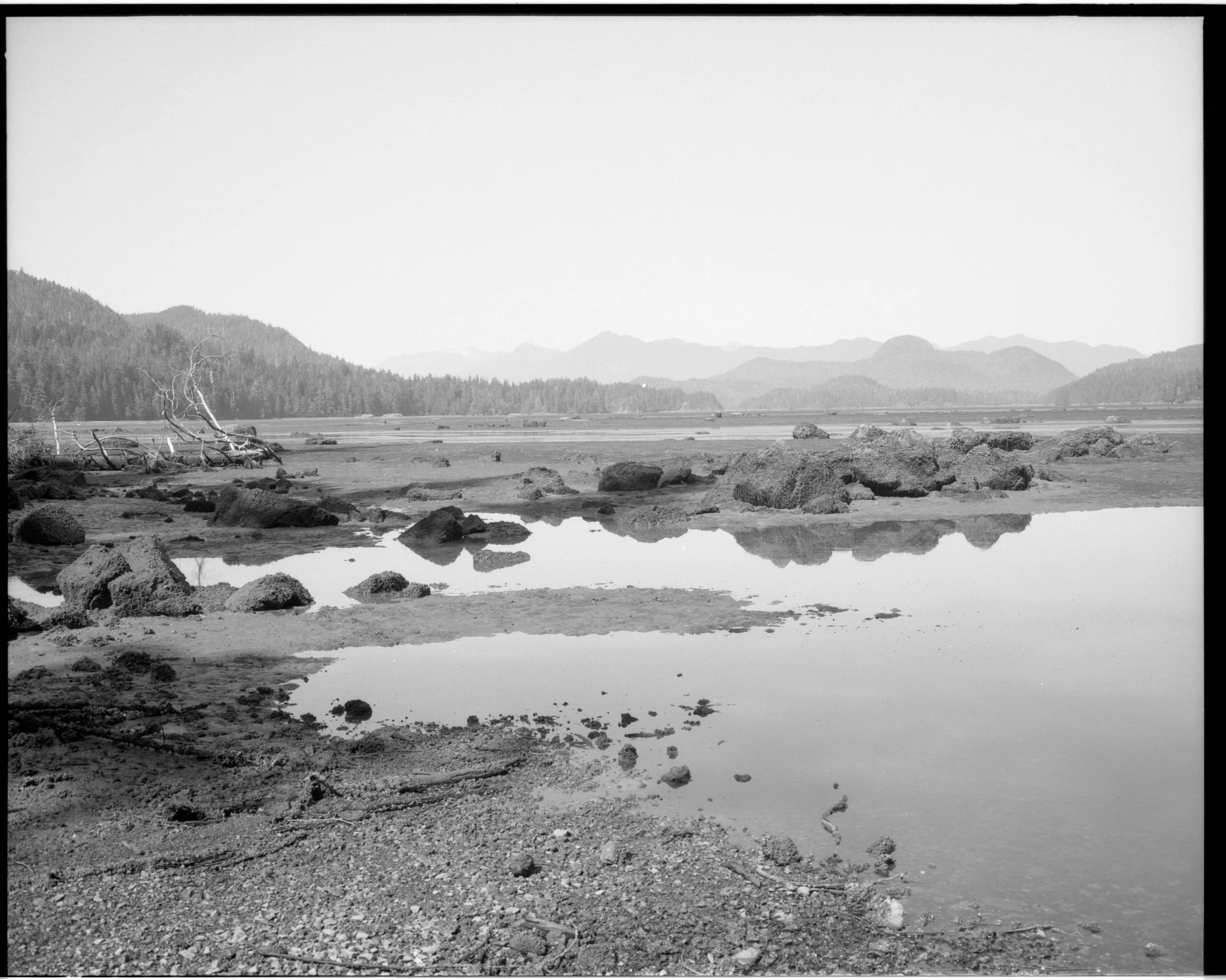 Black and white photo of a landscape with mountains in the background, a river or lake in the middle ground, and a rocky, muddy shoreline in the foreground.