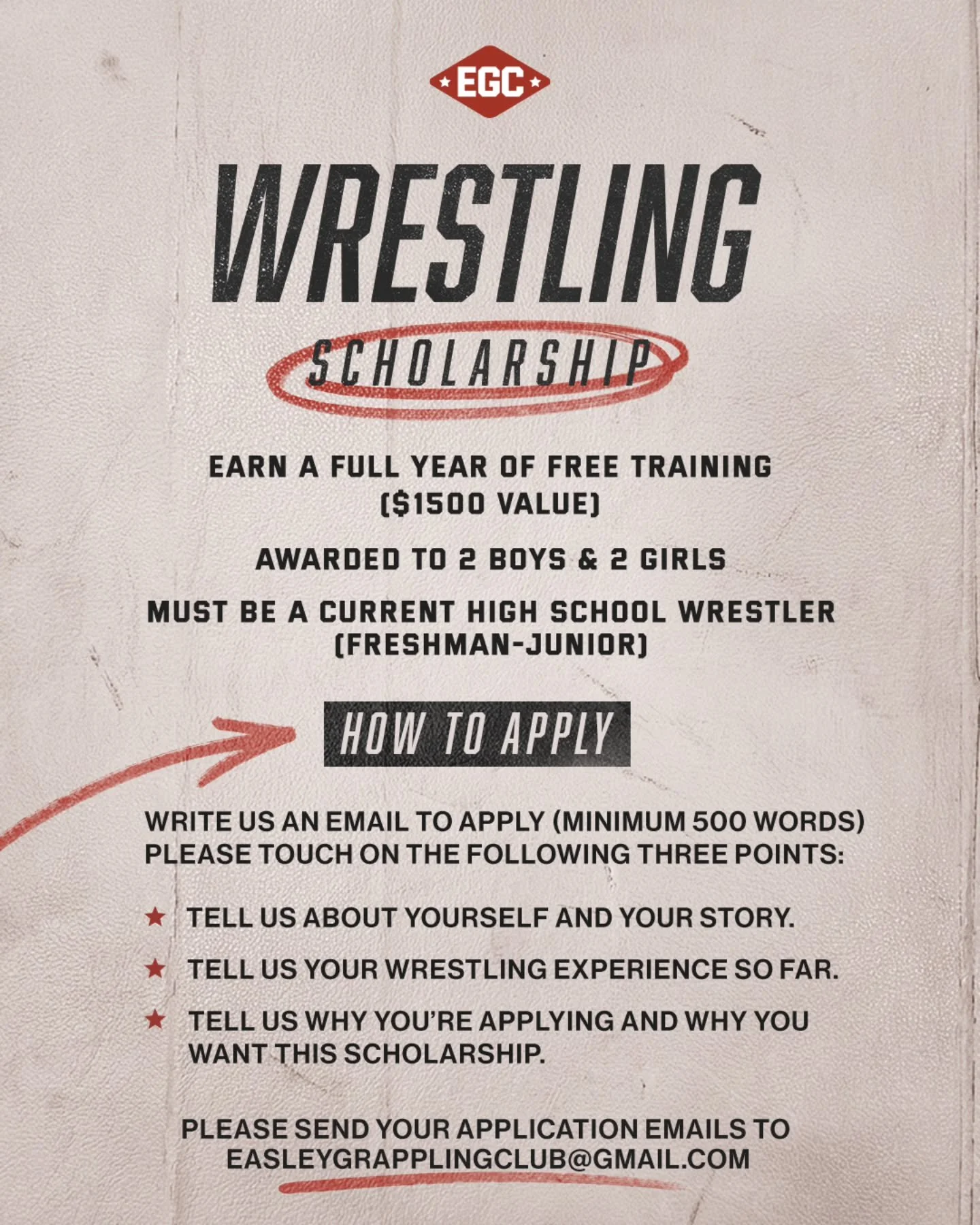 🚨ATTENTION🚨

All SCHSL Wrestlers, we are offering a Wrestling Scholarship at EGC for 2 Boys &amp; 2 Girls who will be selected to receive a free year of training with us starting in March!

Applications will be due by Friday, February 27th and the 