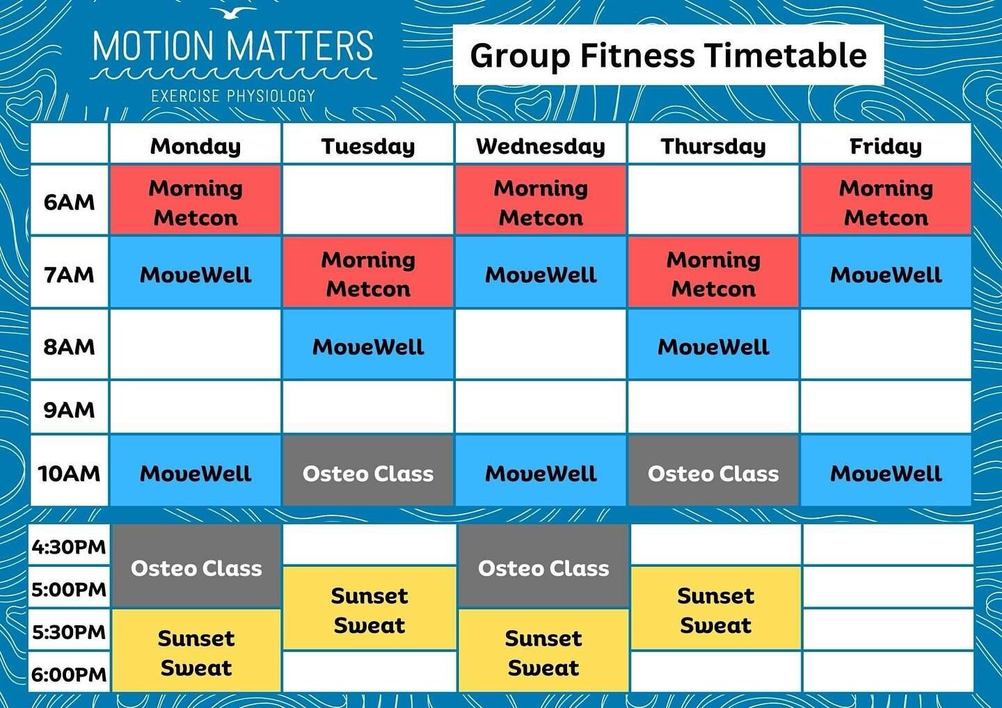 *Group fitness timetable update*

Hi all we are going to be updating our group fitness timetable as of next week (08/04/2024). The main changes are for the afternoon classes with the Monday and Wednesday afternoon classes starting 30mins earlier and 