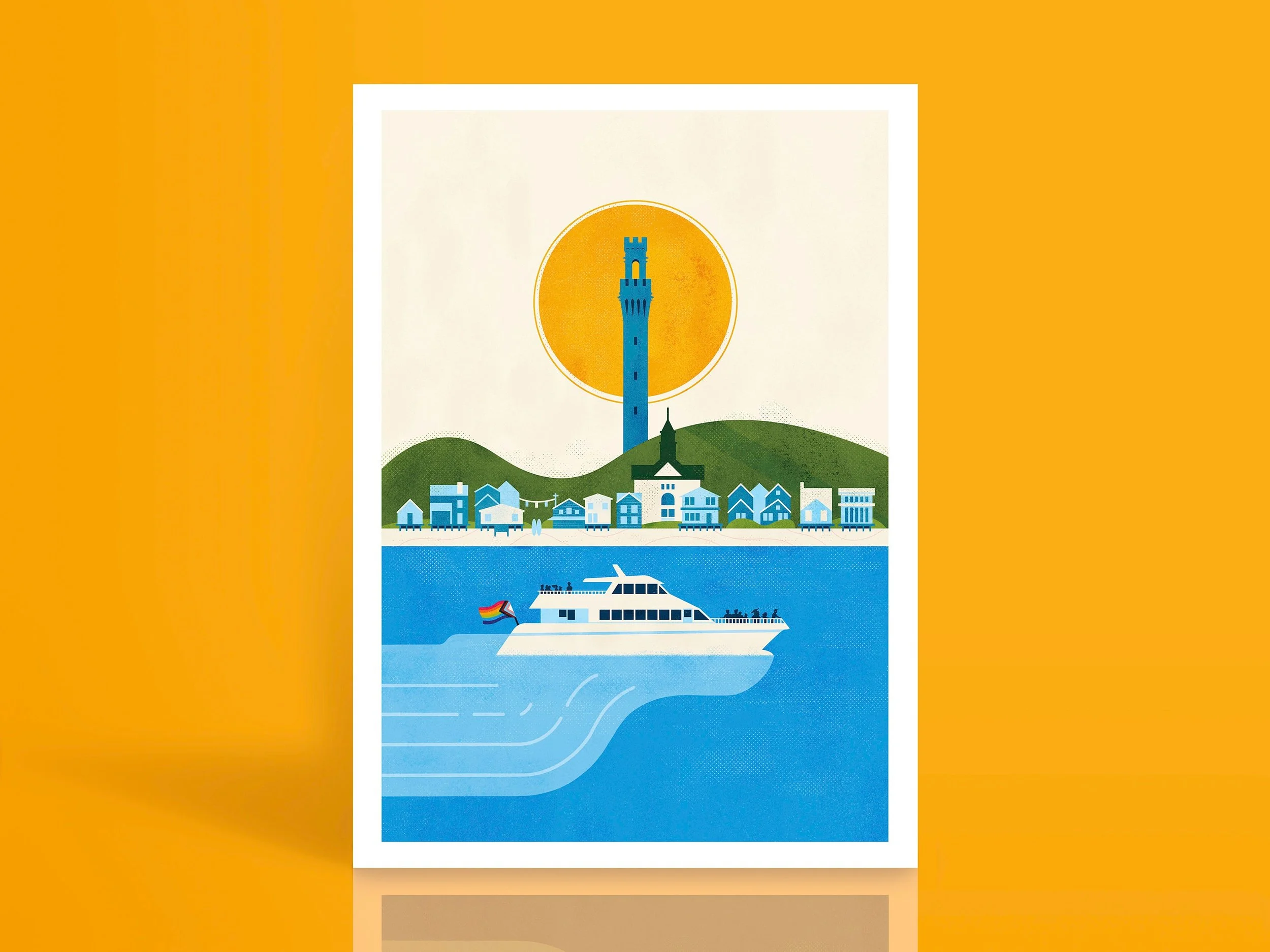 Illustration of a waterfront scene with a white boat on blue water, houses and a church with hills in the background, and a tall tower with a sun behind it in the sky.