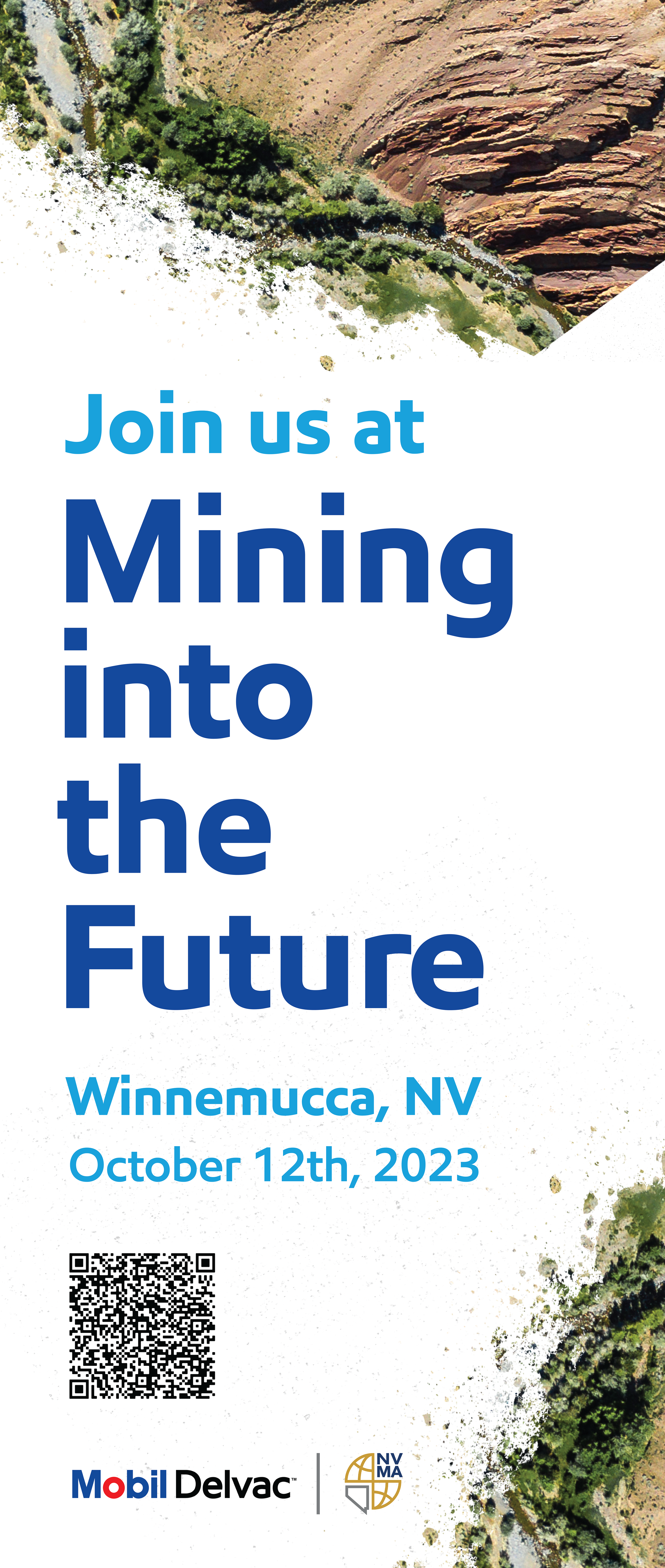 Event poster for a mining conference in Winnemucca, Nevada, on October 12, 2023, with aerial images of a desert landscape and information about the event.