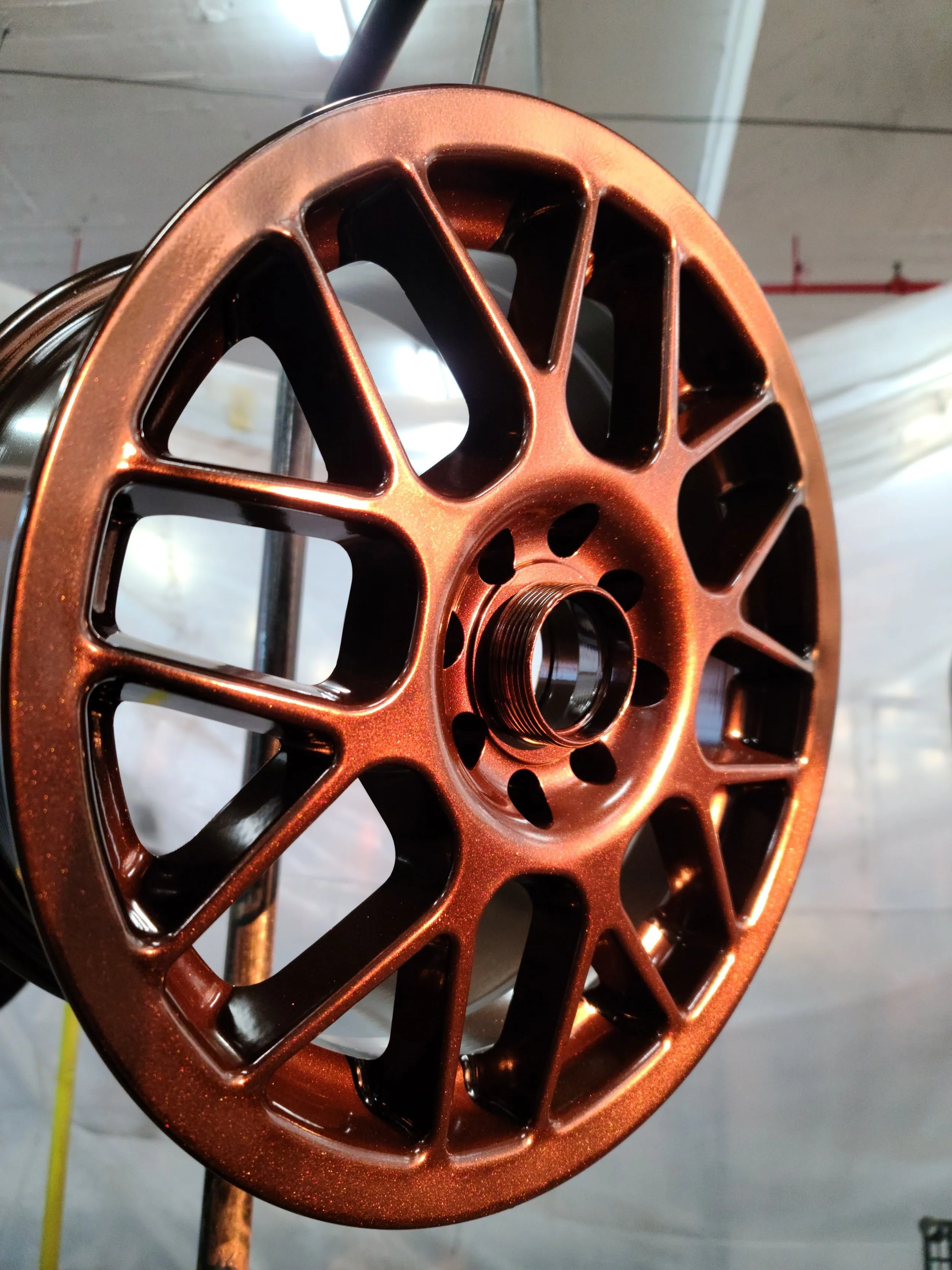 custom rootbeer metallic powder coat, wheel, custom wheel, restoration powder coating