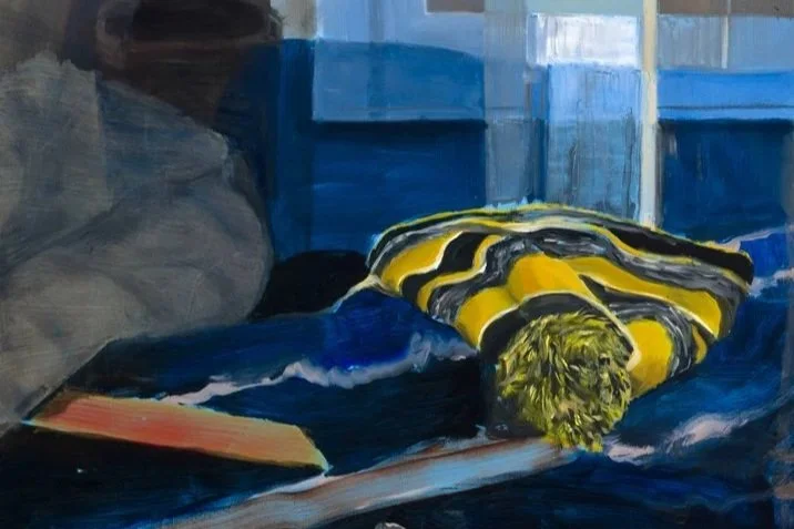  (Detail)  Between January and May , oil paint and colored pencil on panel, 42 x 28 inches, 2026 