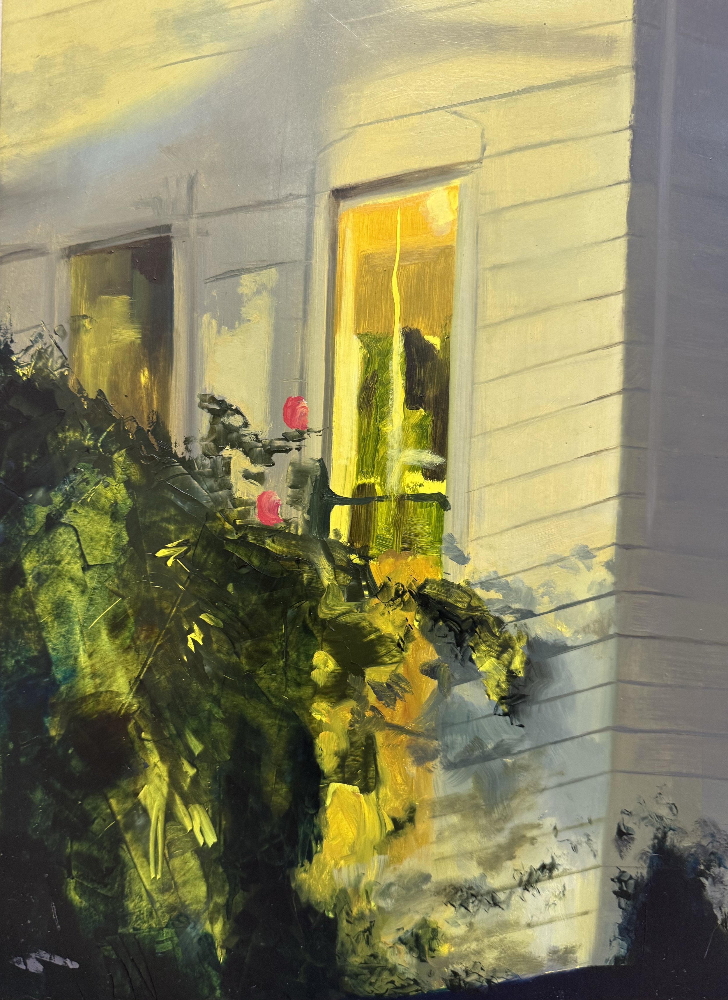  (detail)  After Seven , oil paint and colored pencil on panel, 42 × 28 inches, 2026 