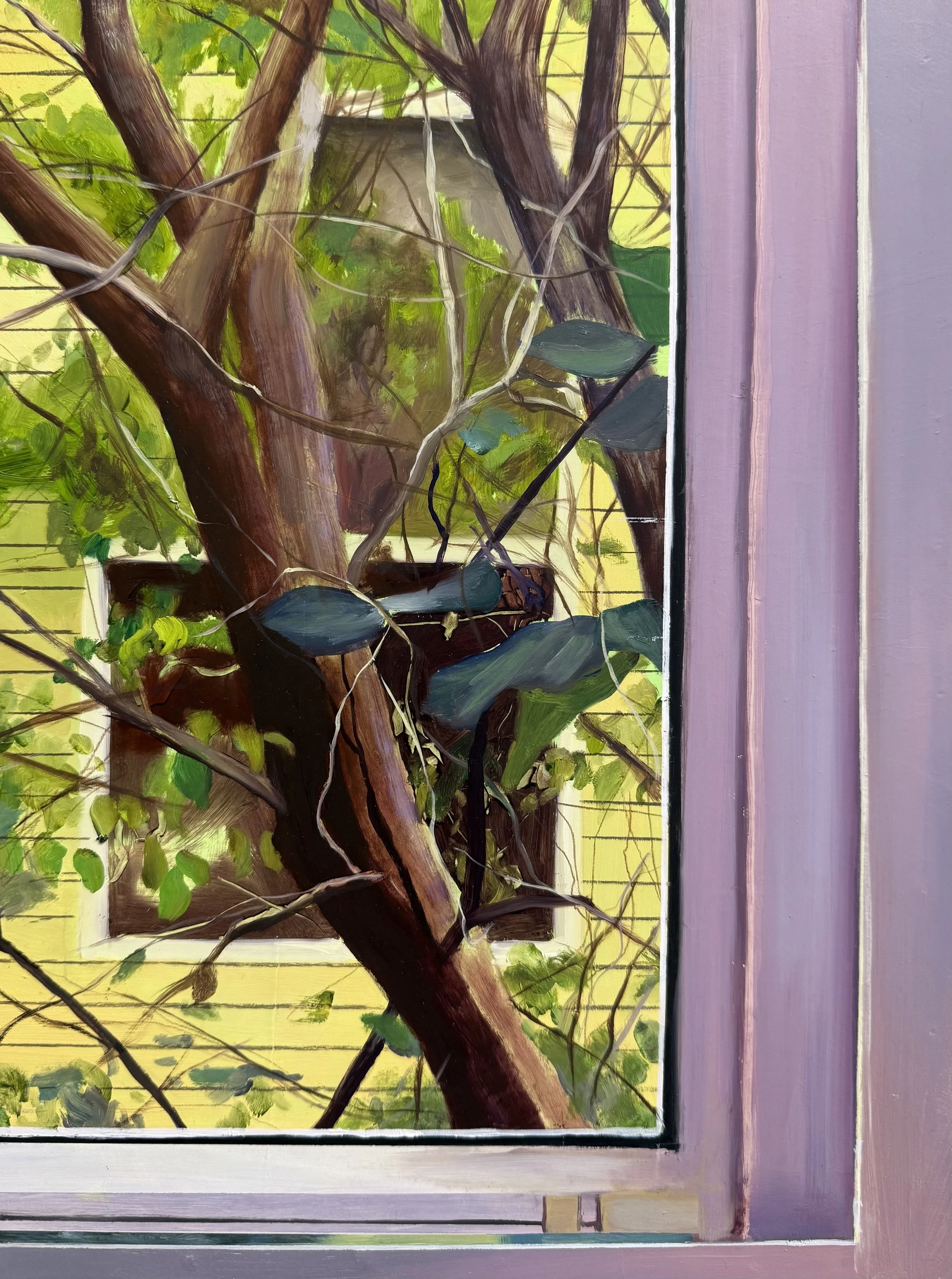  (Detail)  Our Apartments Windows (Window 9, Spring)  , oil on panel, 31 × 21 ½ inches, 2026 