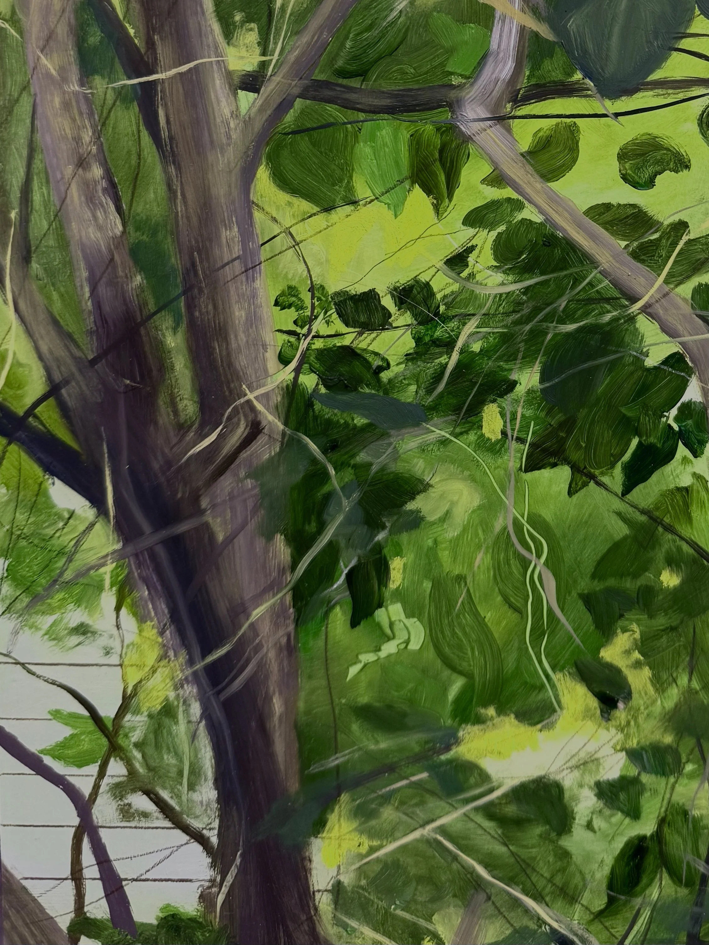  (Detail)  Our Apartments Windows (Window 9, Spring)  , oil on panel, 31 × 21 ½ inches, 2026 