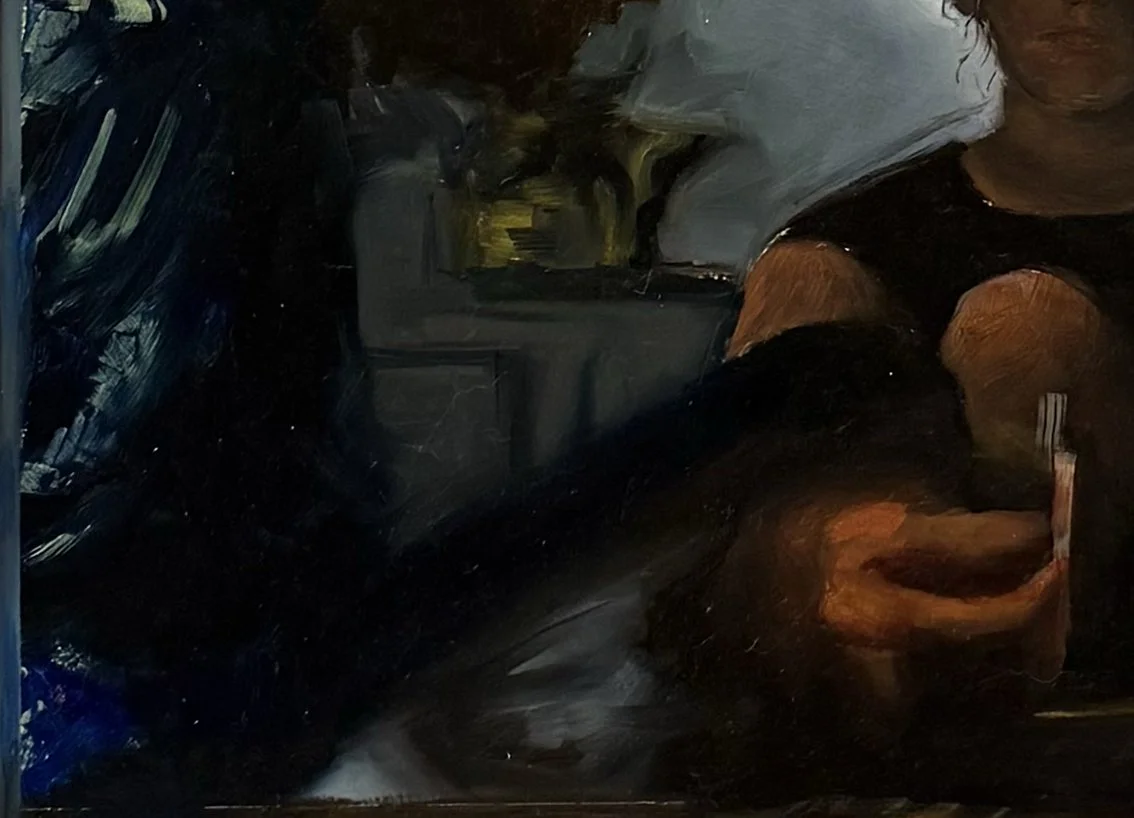  (Detail)  Our Apartments Windows (Window 5, Late Fall)  , oil on panel, 31 × 21 ½ inches, 2026 