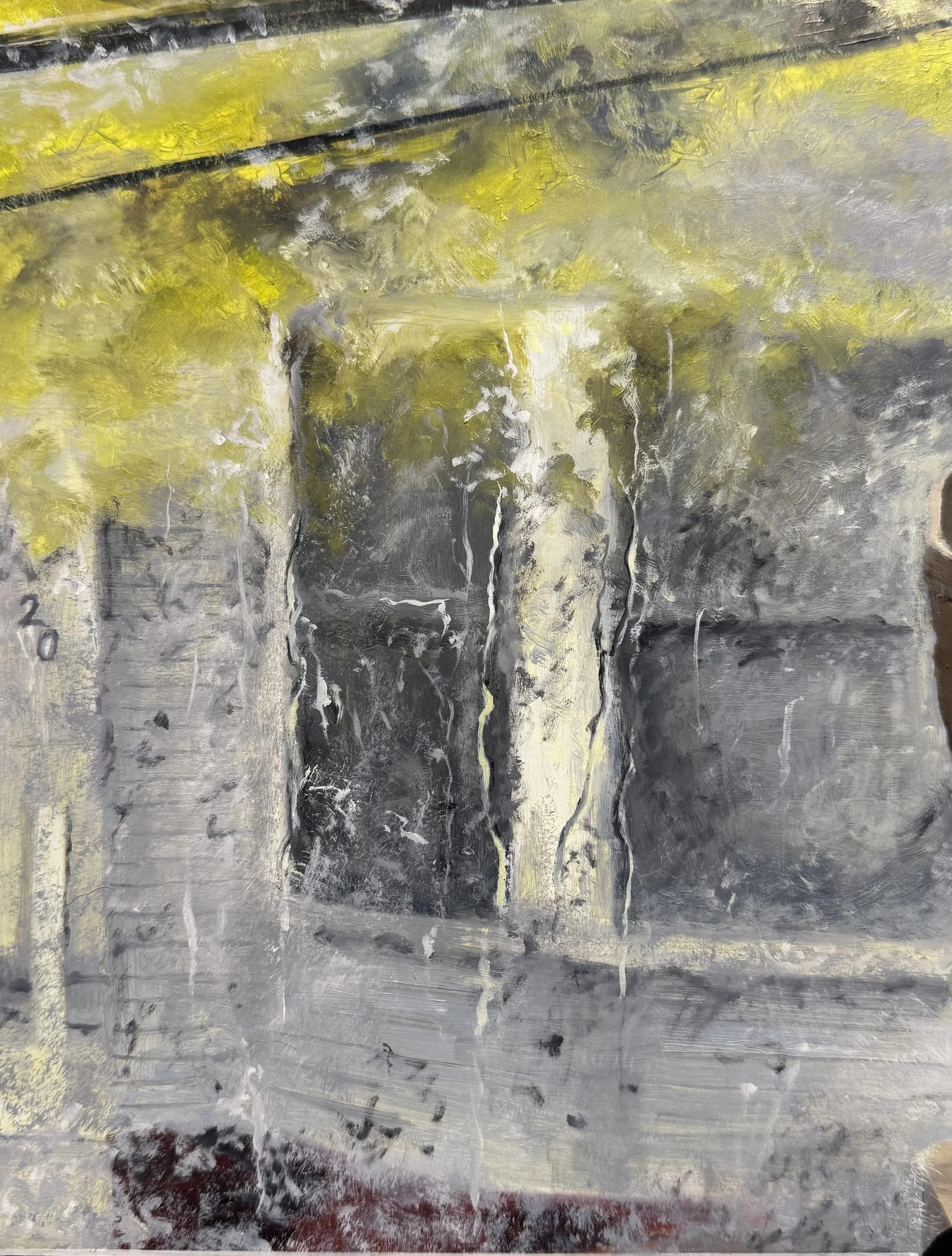  (Detail)  Our Apartments Windows (Window 8, Spring)  , oil on panel, 31 × 21 ½ inches, 2026 