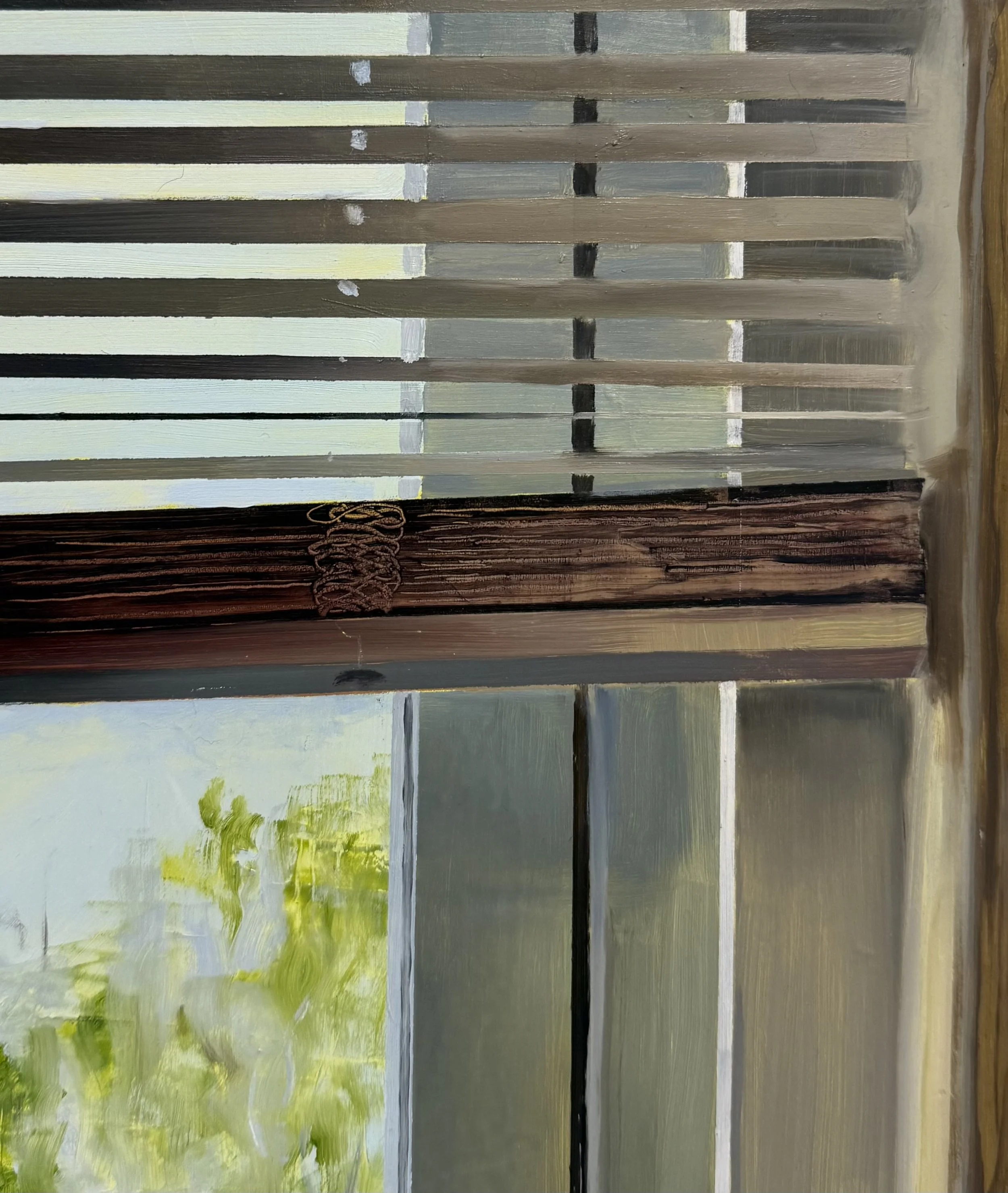  (Detail)  Our Apartments Windows (Window 8, Spring)  , oil on panel, 31 × 21 ½ inches, 2026 