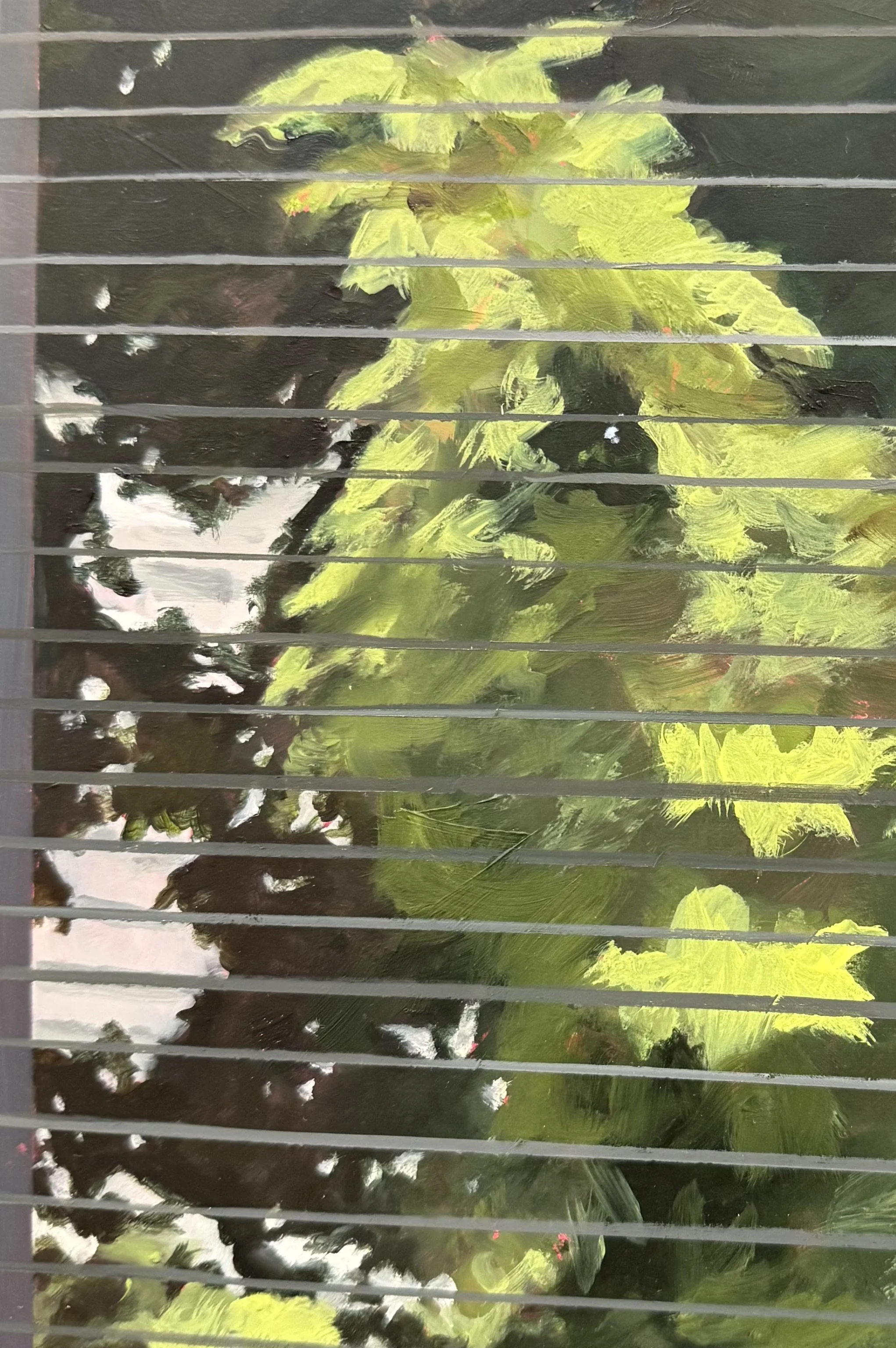  (Detail)  Our Apartments Windows (Window 1, Late Summer),  , oil on panel, 31 × 21 ½ inches, 2025 