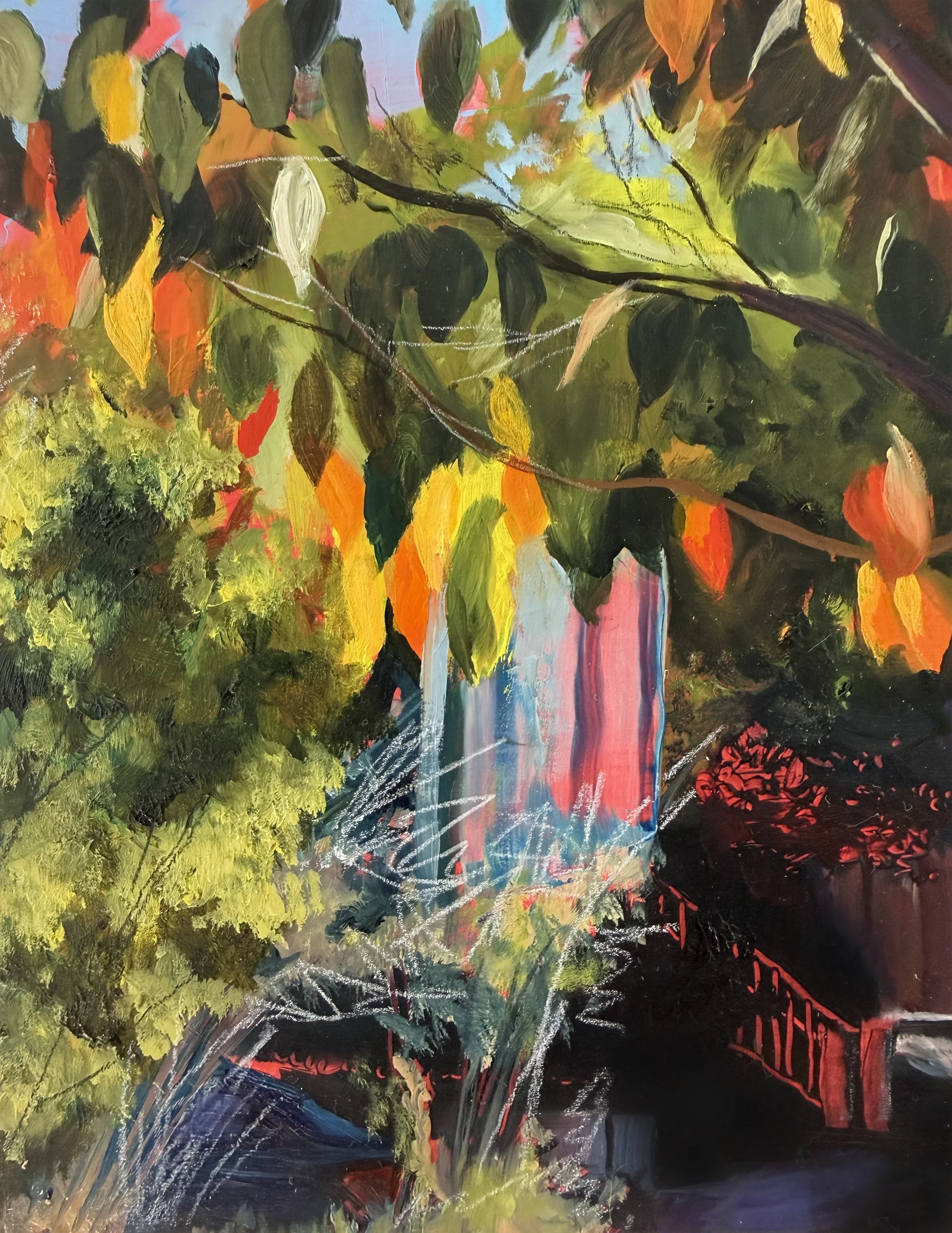 (Detail)  Summer’s End , oil paint and colored pencil on panel, 16 × 12 inches, 2026 