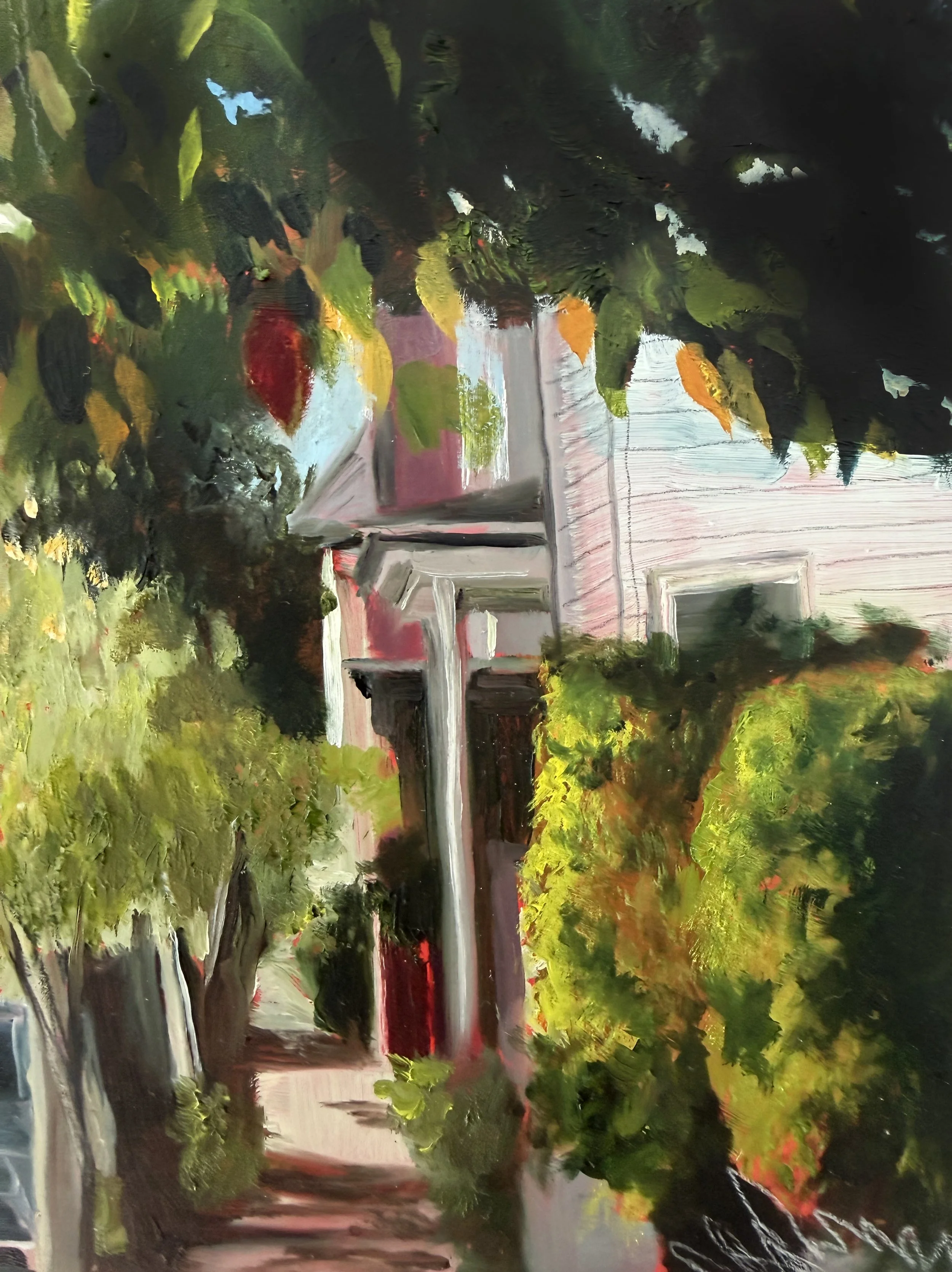  (Detail)  Summer’s End , oil paint and colored pencil on panel, 16 × 12 inches, 2026 