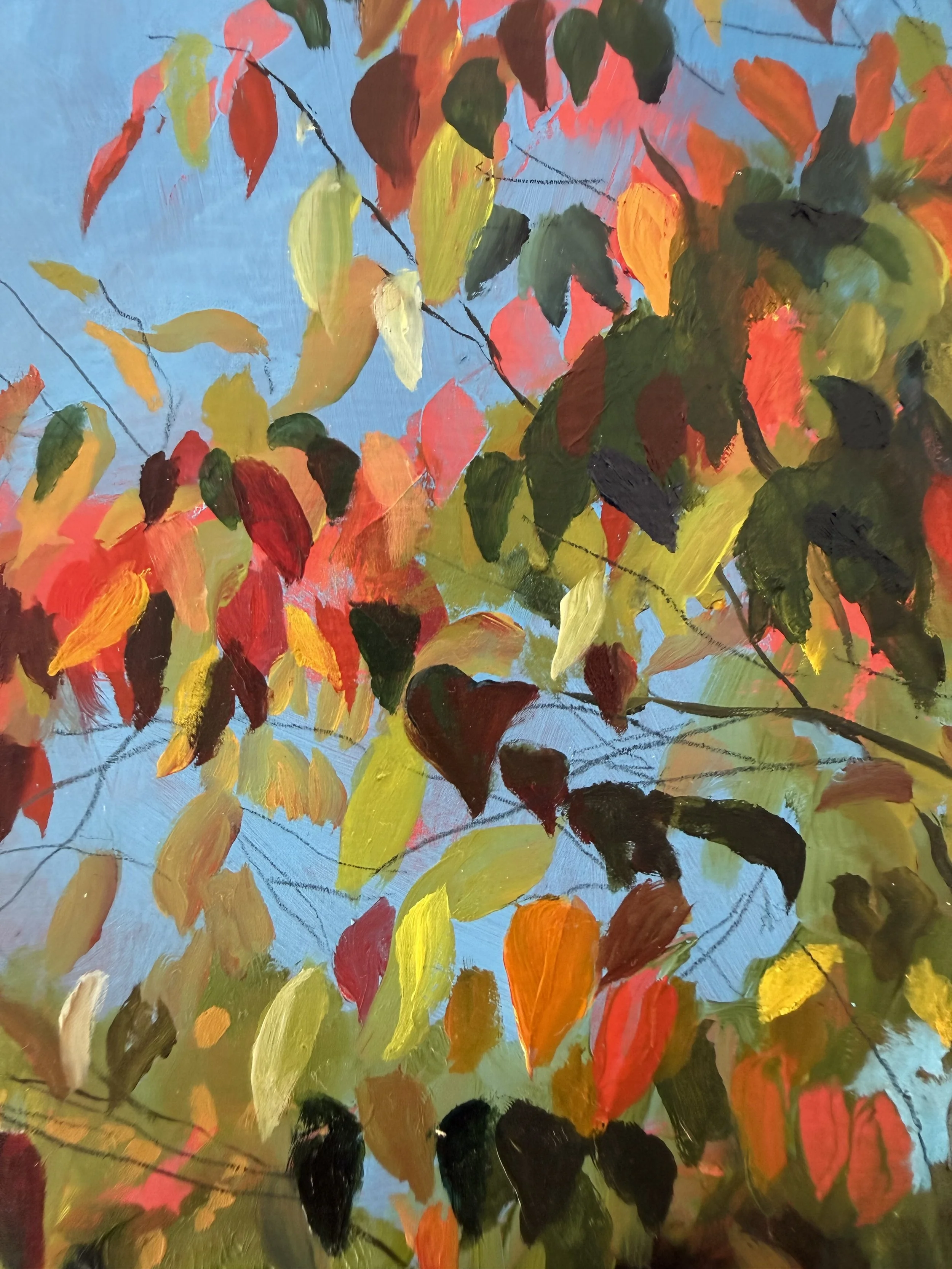  (Detail)  Summer’s End , oil paint and colored pencil on panel, 16 × 12 inches, 2026 