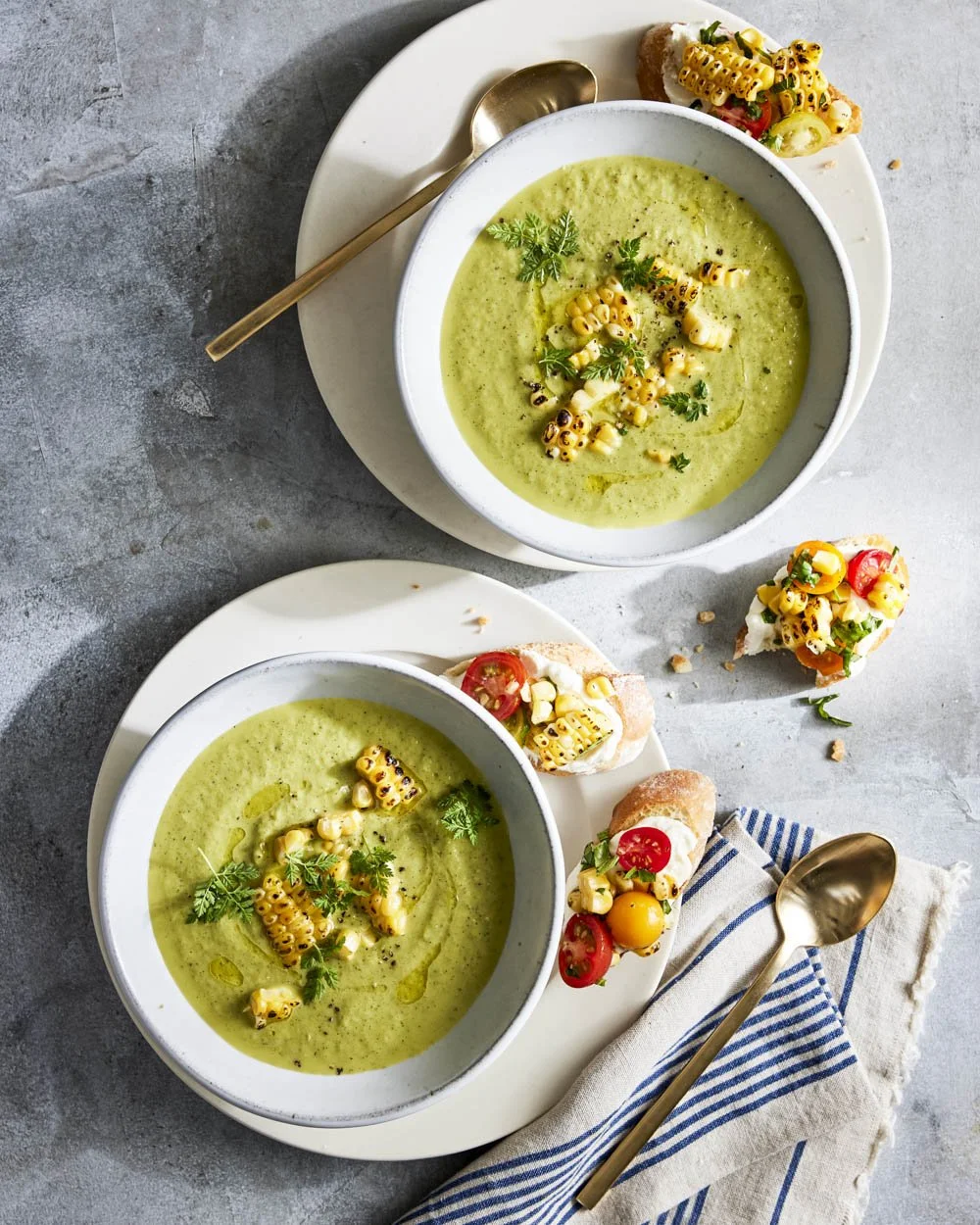 Charred Zucchini Soup                    with Sweet Corn &amp; Tomato Crostini