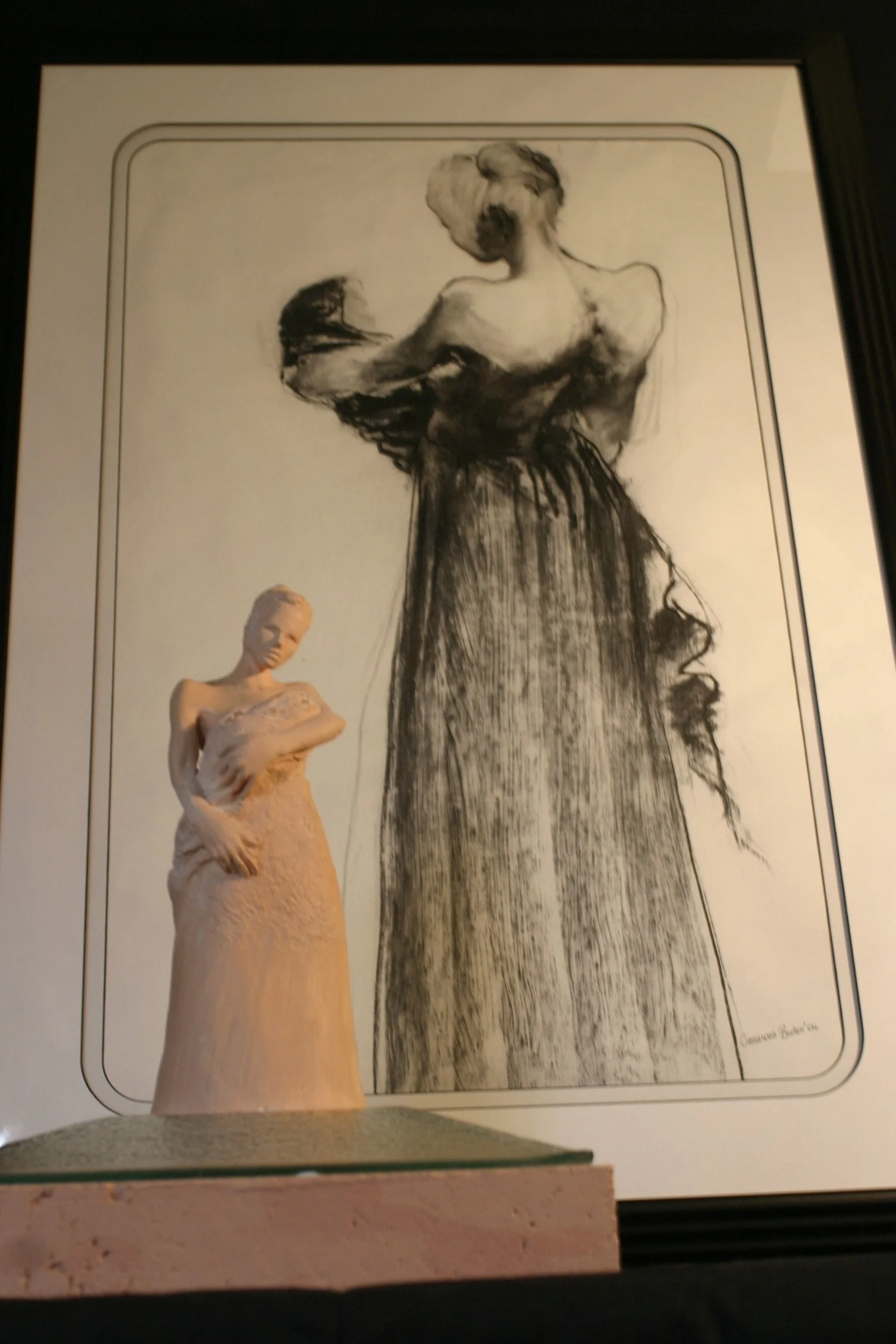 Mother & Child (Unglazed Clay) & Charcoal Drawing