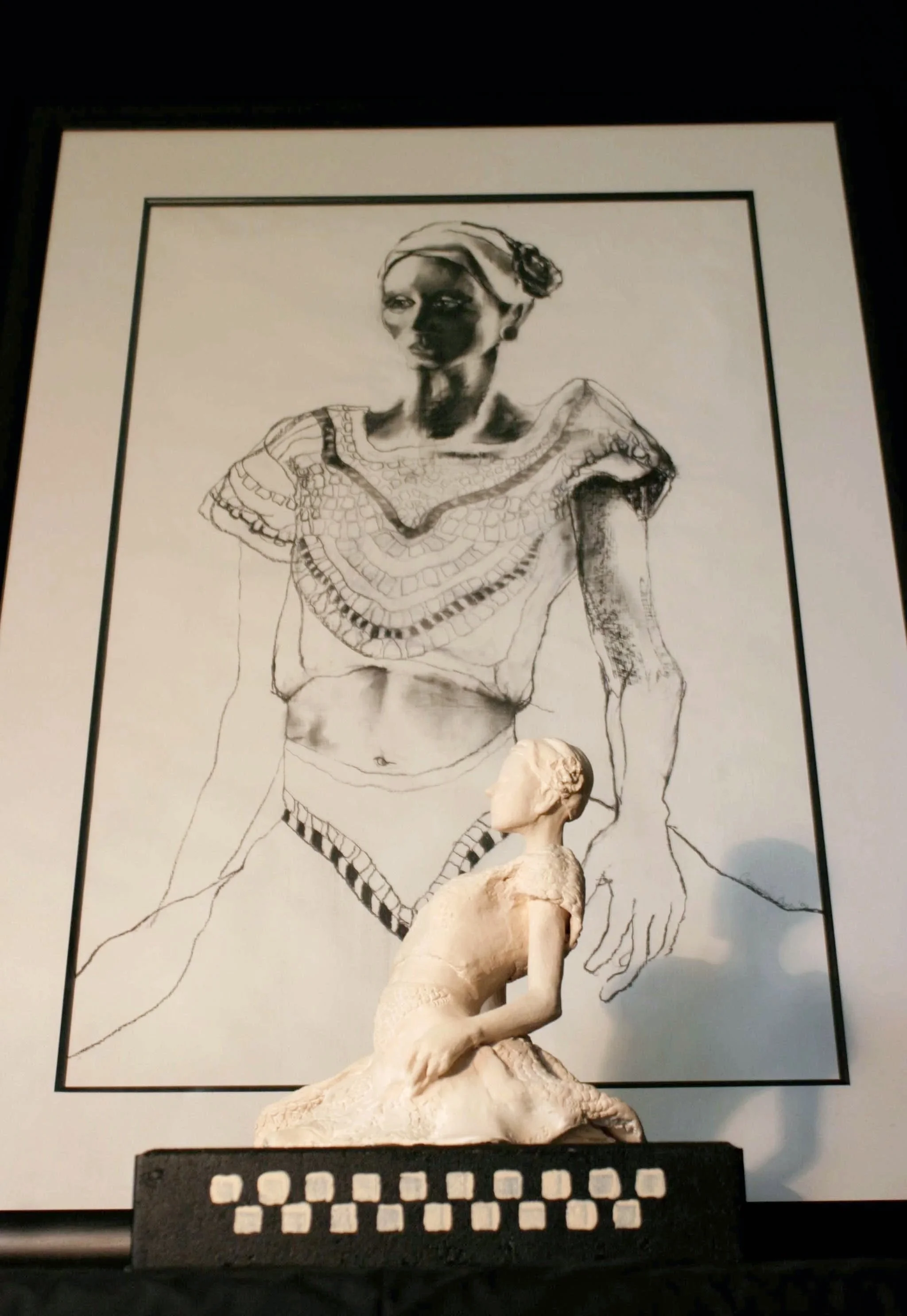Cat Walker (Unglazed Clay) and Charcoal Drawing