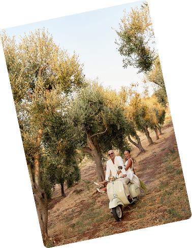 A man and womn in white riding a cream-colored scooter through an olive grove with rows of trees.