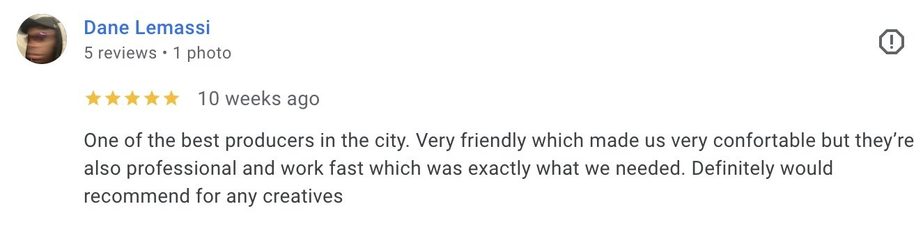 A Google review from a user named Dane Lemassi, who has five reviews and one photo. The review gives a five-star rating, submitted ten weeks ago. It praises a producer for being one of the best in the city, describing them as very friendly, professio