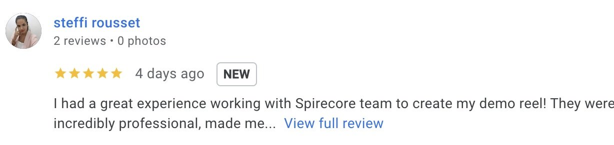 Google review of Spirecore with a 5-star rating from "steffi rousset", stating a great experience with the team in creating a demo reel. Image shows partial text of the review and a "NEW" label indicating recent submission.