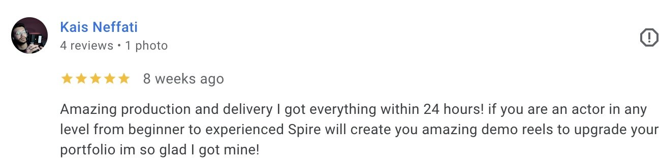 Customer review giving five stars, praising quick delivery of an acting demo reel service. Reviewer shares satisfaction with the quality and speed of production, recommending it for actors of all levels.