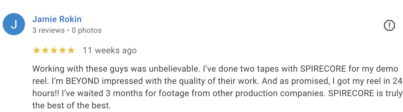 Online review of SpireCore by a user with the username 'Jamie Rokin' giving a five-star rating and praising the quality and speed of their production services.