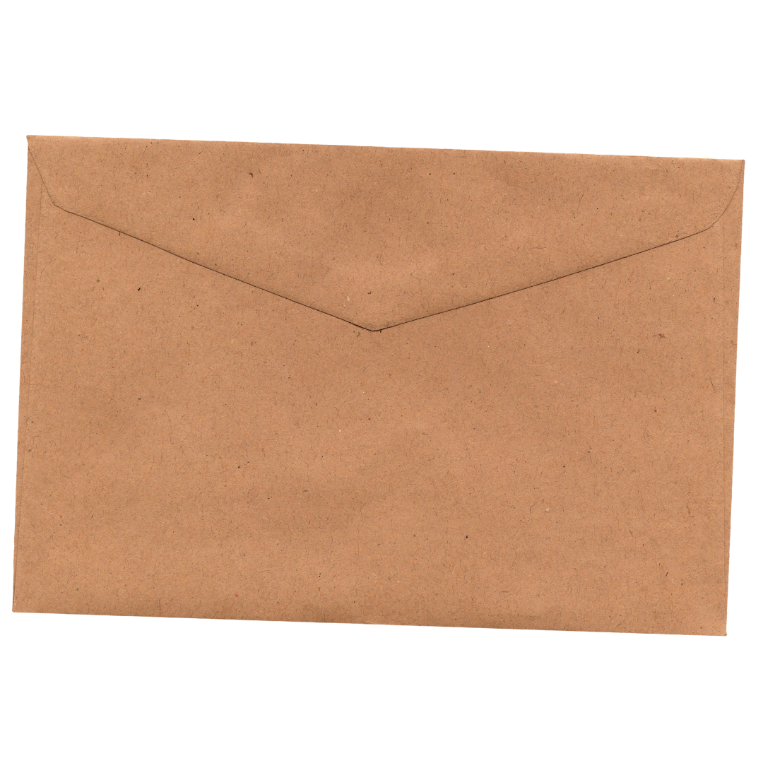 An orange envelope made of kraft paper with a triangular flap on top.