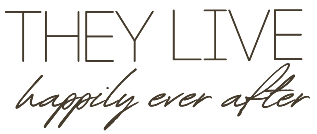 Typography with the phrase "They live happily ever after" in stylish fonts.