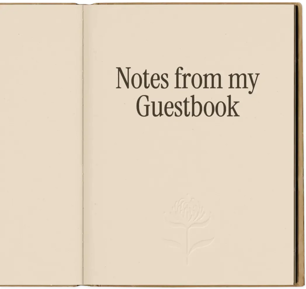 Open guestbook with the title "Notes from my Guestbook" on the right page.