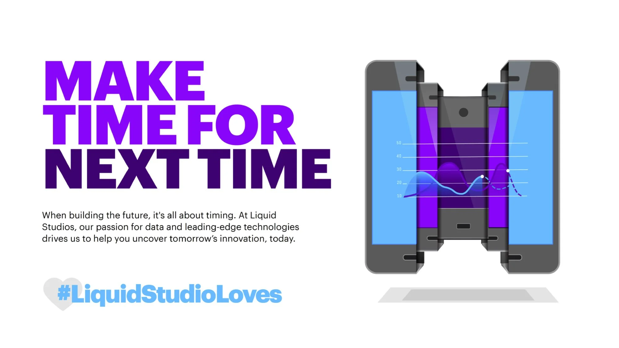 A graphic with the bold text "MAKE TIME FOR NEXT TIME" and an illustration of two smartphones with a digital graph on the screens, accompanied by a paragraph about innovation and technology, and a hashtag "#LiquidStudioLoves".