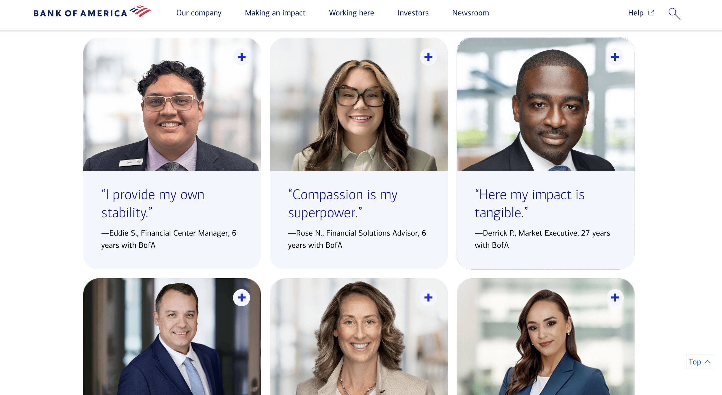 Screenshot of Bank of America website showing portraits of diverse professionals with their quotes emphasizing stability, compassion, and impact, each with their name, job title, and years with the bank, in a clean, professional layout.