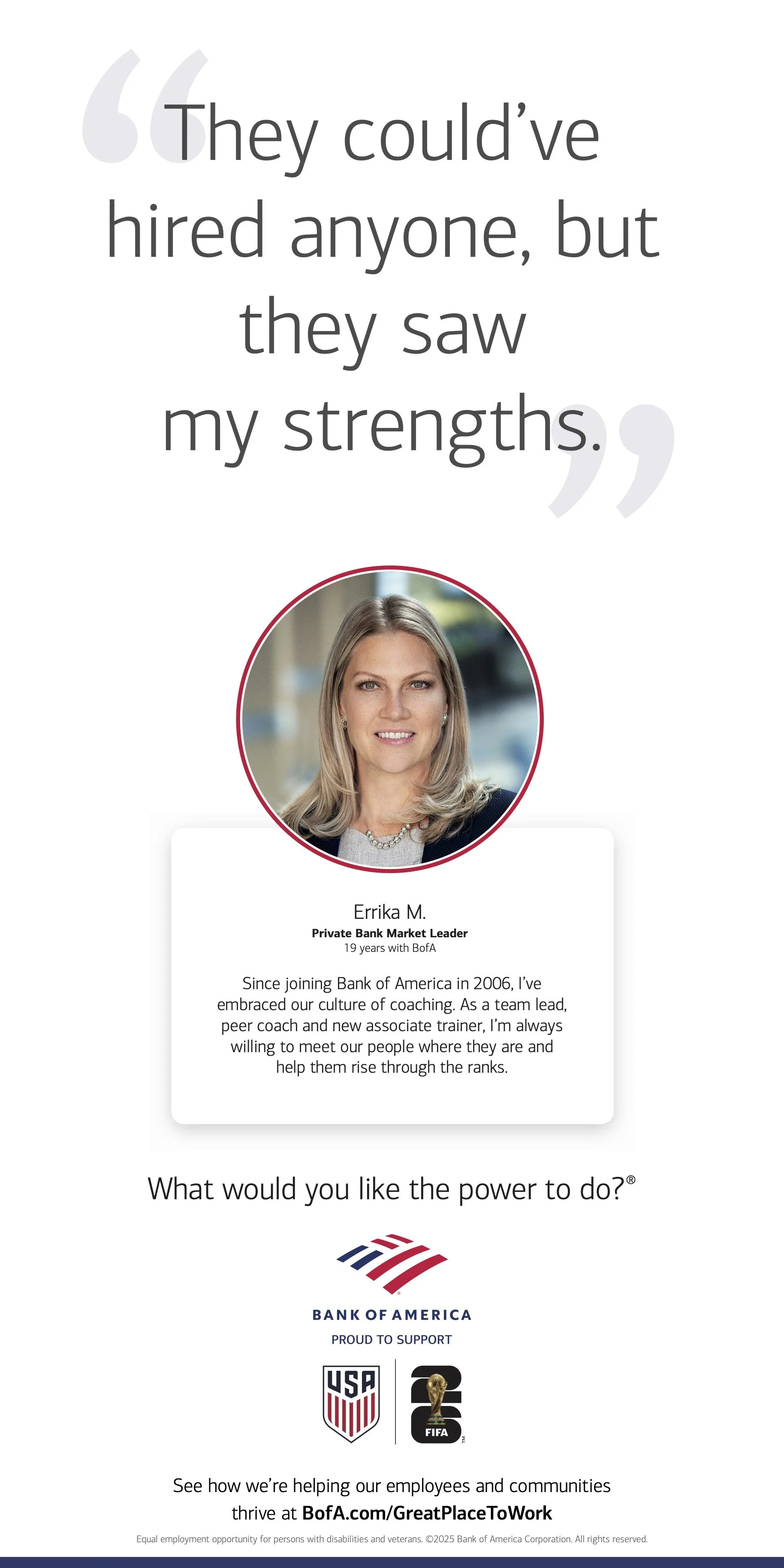A promotional poster featuring a quote, a professional headshot, and information about Errika M., a Private Bank Market Leader at Bank of America, with logos of Bank of America, USA Soccer, and FIFA.