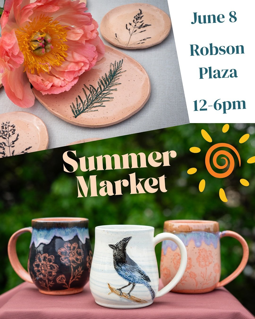 Oh hey! Come visit me this Sunday (June 8) on Robson Plaza between 12-6. I&rsquo;ll have a full table of goodies including a very fresh batch of beautiful hand-carved mugs 🤍 

This market is held outdoors, on 800 Plaza (behind Vancouver Art Gallery)