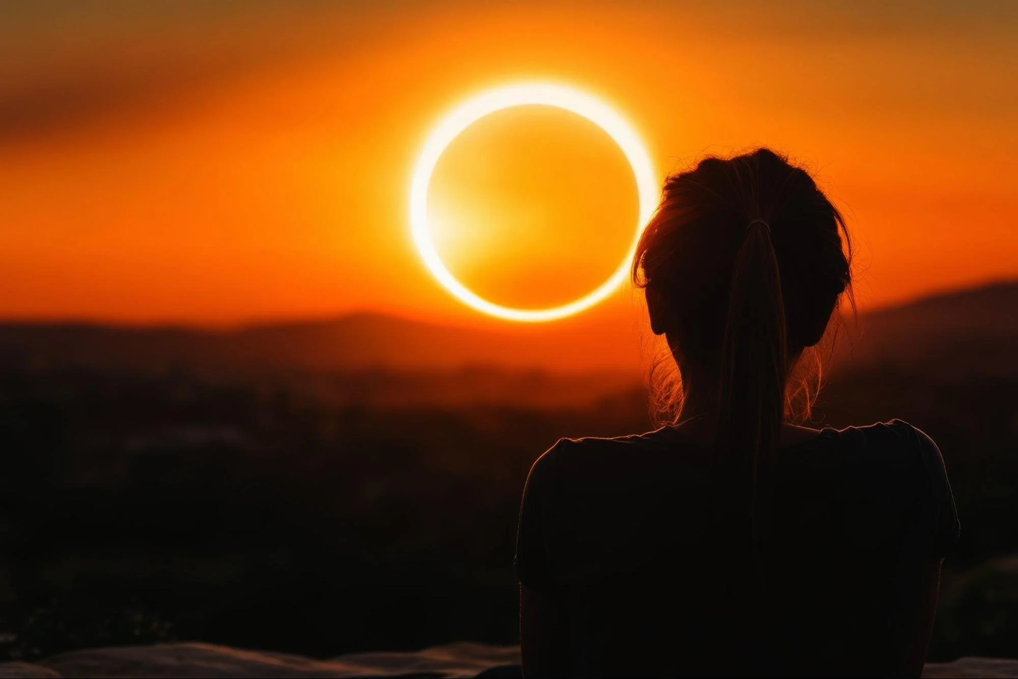 the back of a woman viewing a solar eclipse