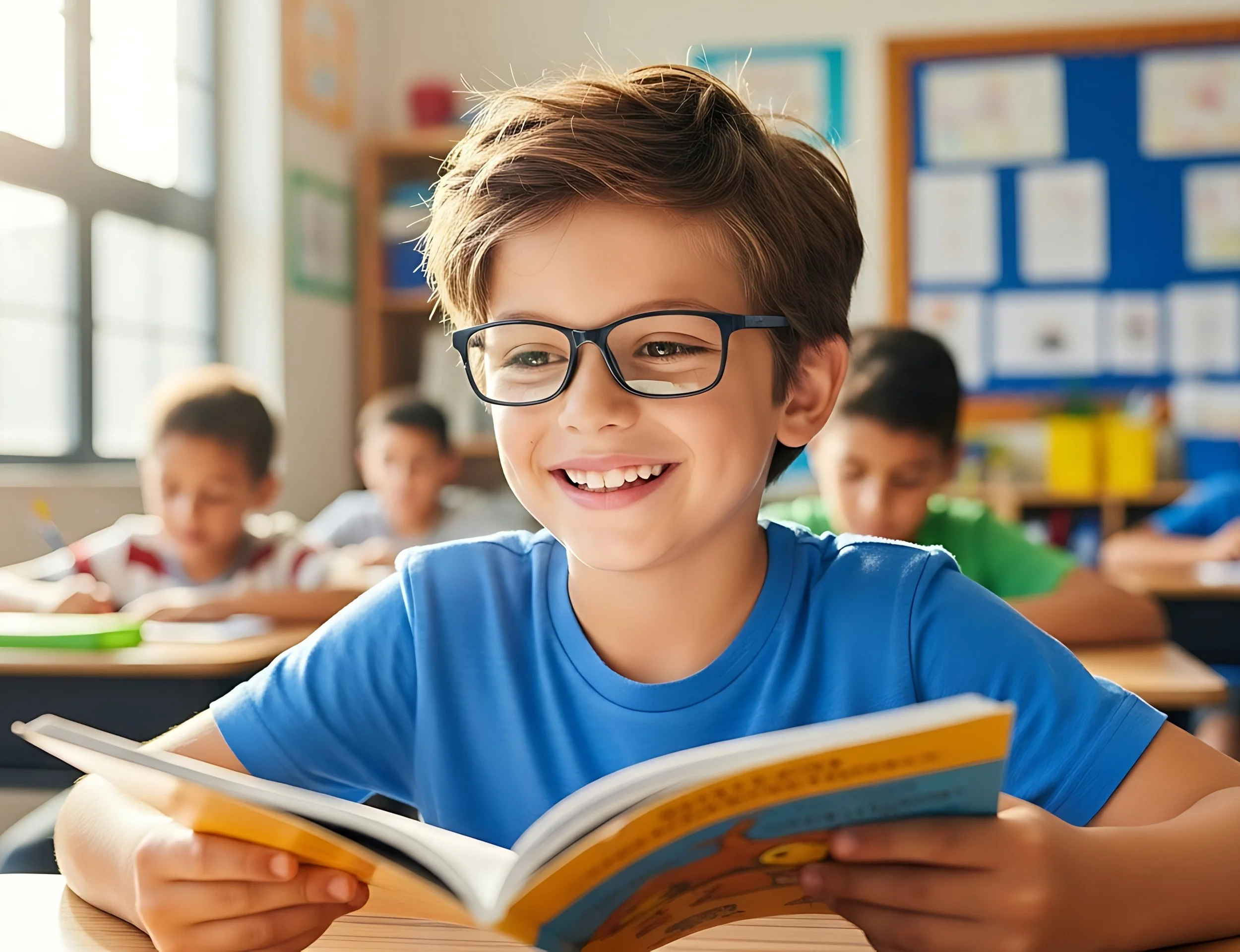 A smiling boy with glasses reading a book in a classroom with other children in the background | Dr. Robert Meade | Public Speaker & Vision Consultant | Presentations about Eyes and Vision