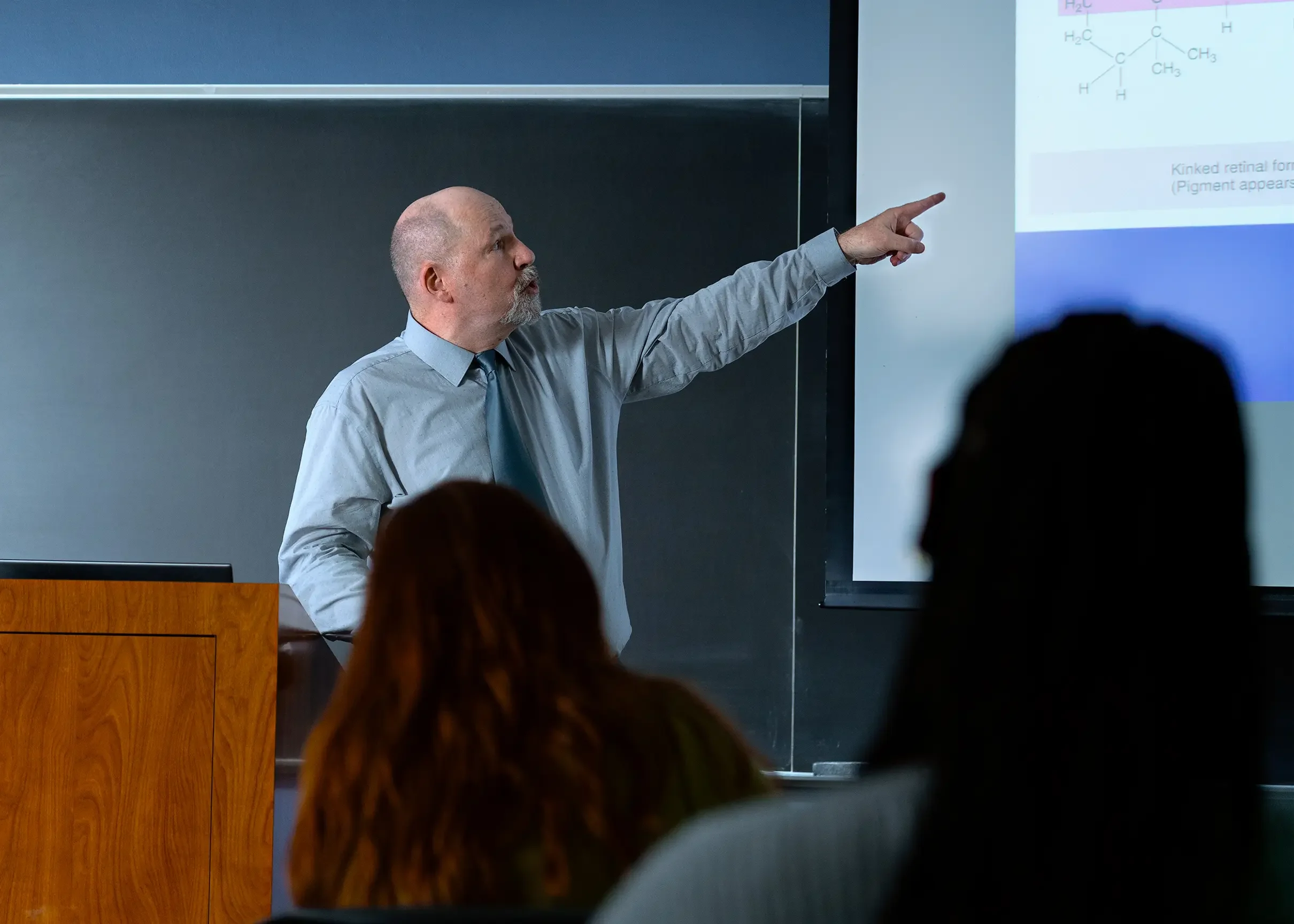 A man with a beard and a bald head, wearing a light blue shirt and a dark tie, is pointing at a projector screen while giving a presentation to an audience | Dr. Robert Meade | Public Speaker & Vision Consultant | Presentations about Eyes and Vision