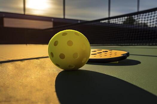 Yellow pickleball and paddle sitting on court during sunset