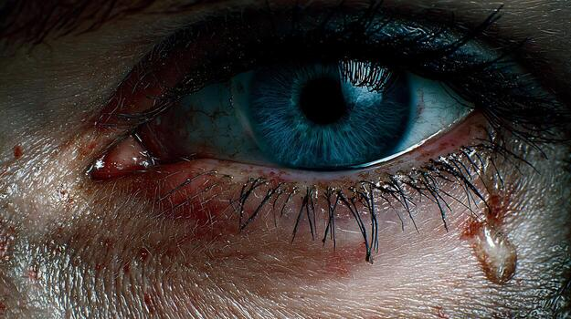Close up image of a blue eye with a tear